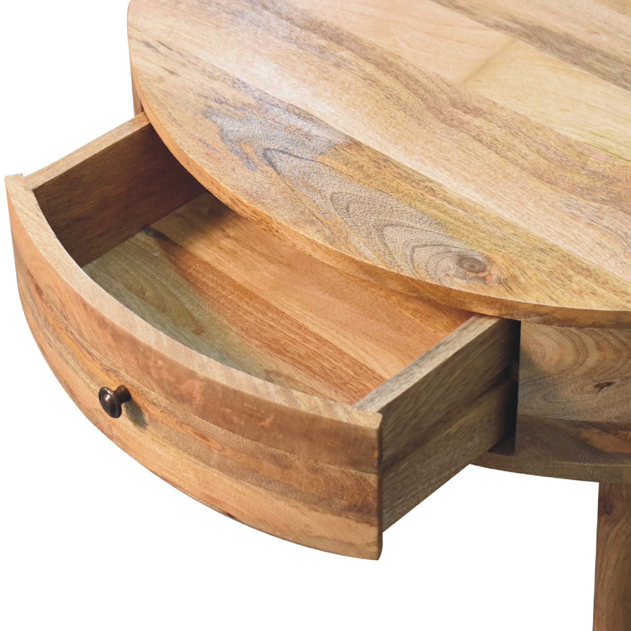 Ischia Oak Mango Wood Low Round Coffee Table 2 Drawers