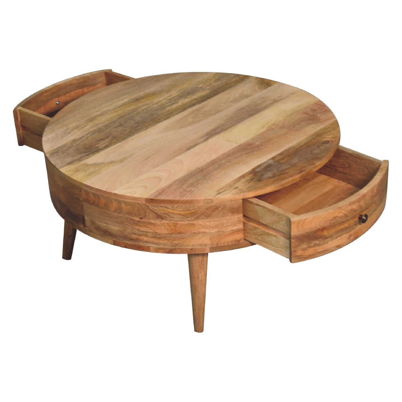 Ischia Oak Mango Wood Low Round Coffee Table 2 Drawers
