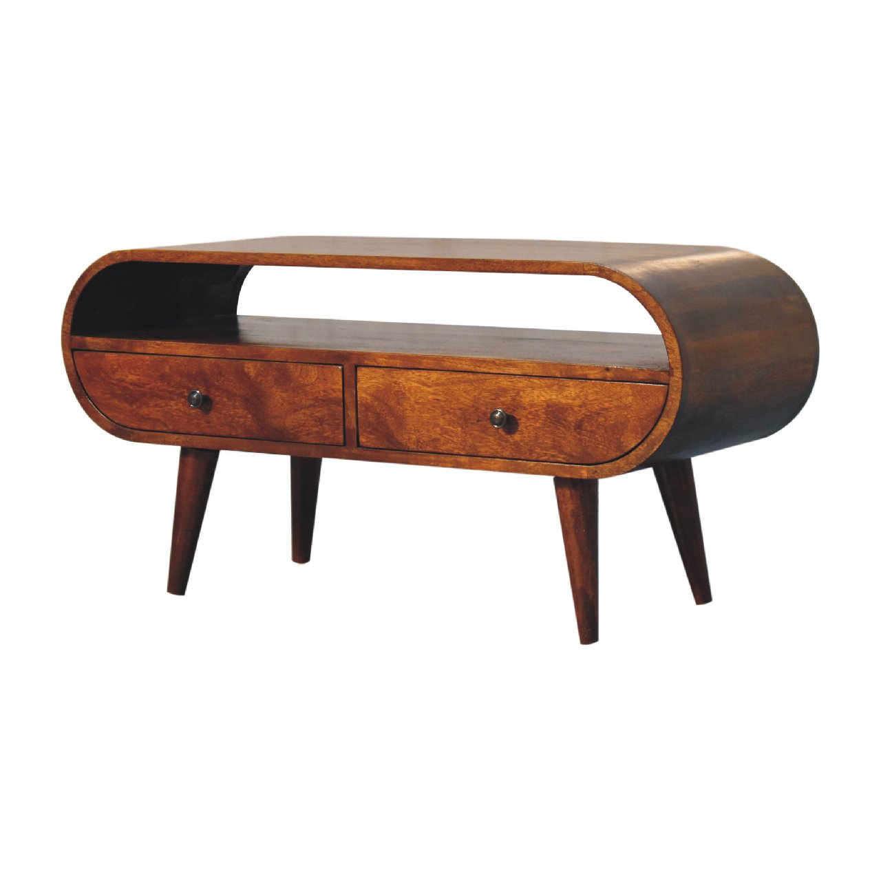 Keaukaha Chestnut Mango Wood Circular Open TV Stand 2 Drawers