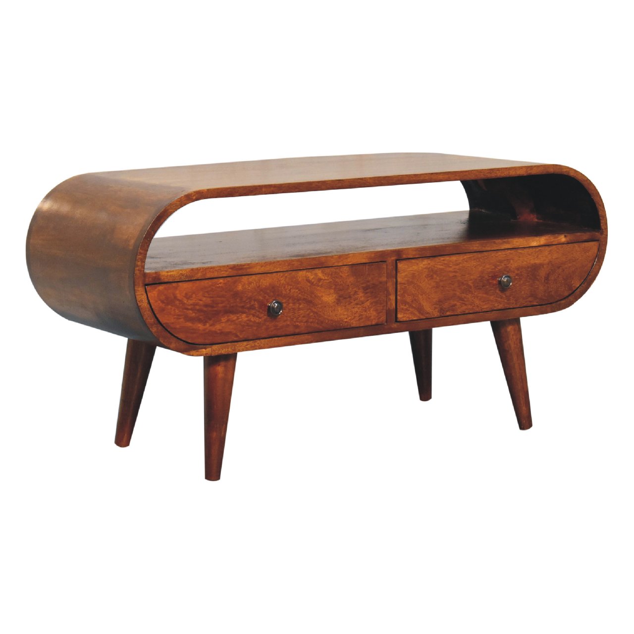 Keaukaha Chestnut Mango Wood Circular Open TV Stand 2 Drawers