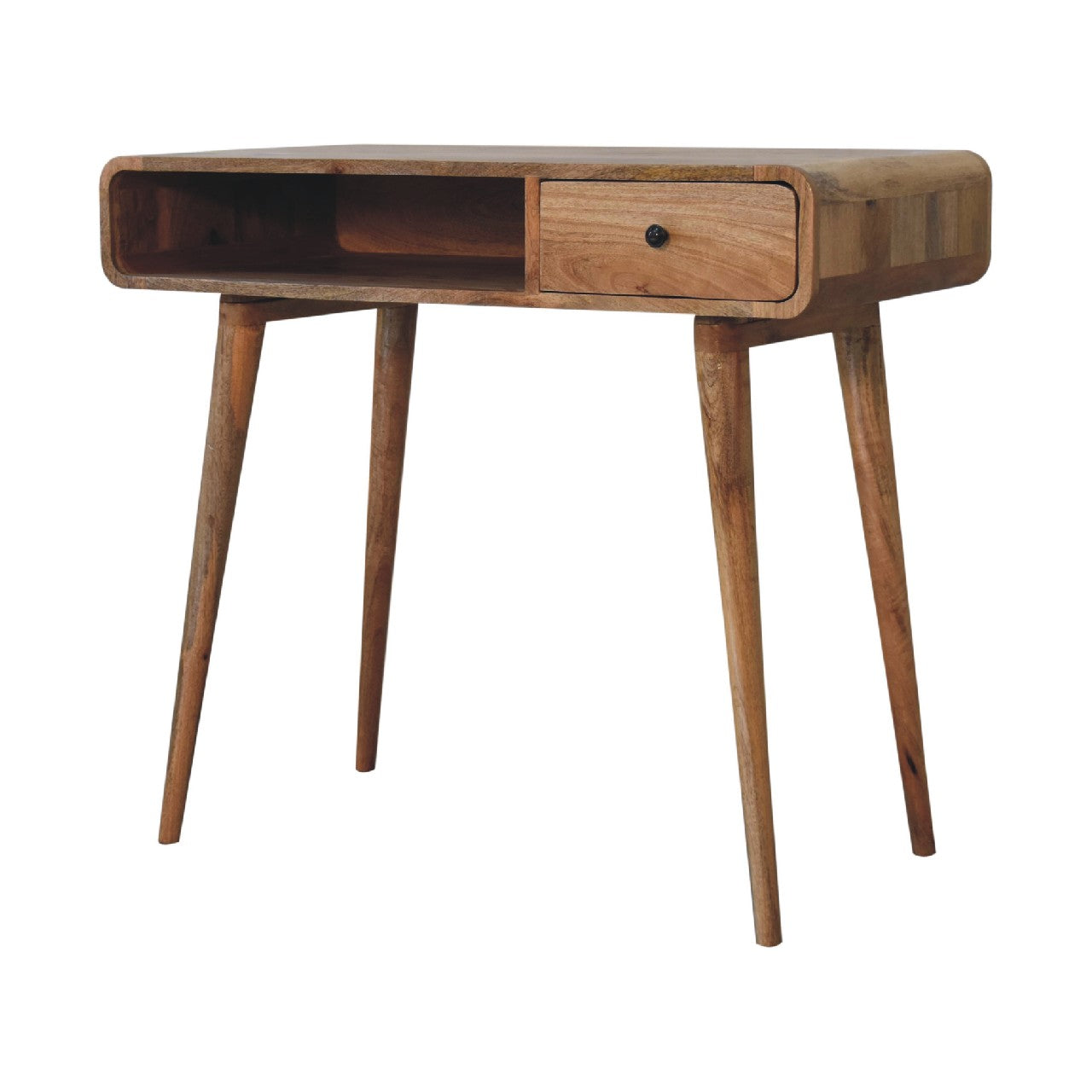 Urbino Curved Oak Mango Wood Writing Desk with Drawer and Shelf