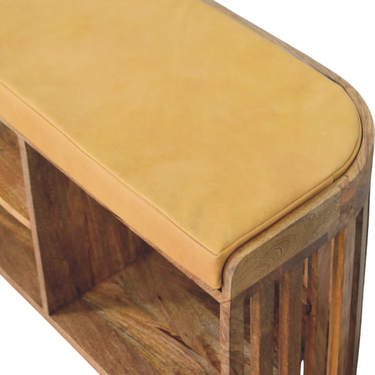 Padua Mango Wood Slatted Bench with Buffalo Leather Seat