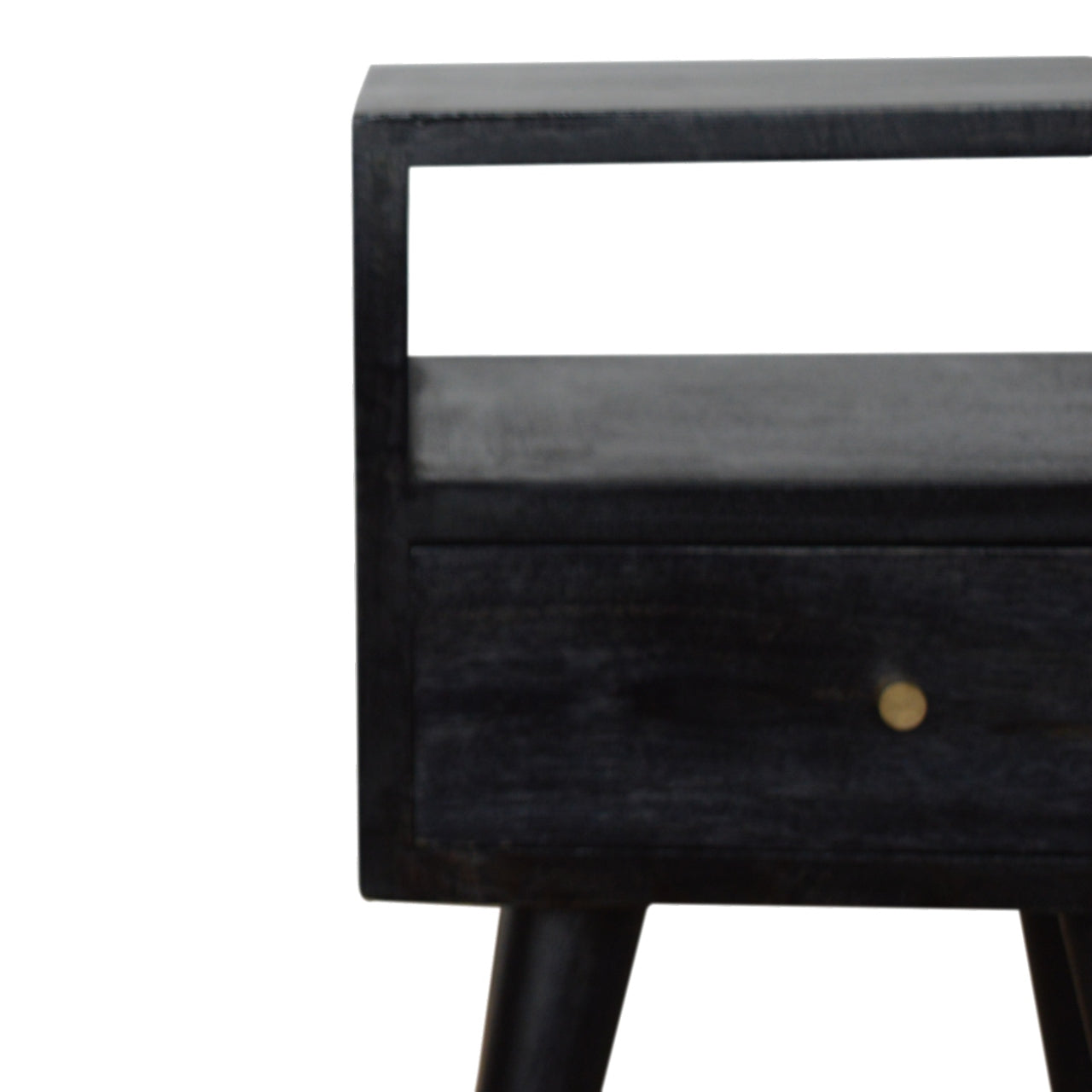 Kood Mini Black Washed Mango Wood Bedside Table with Drawer and Open Shelf