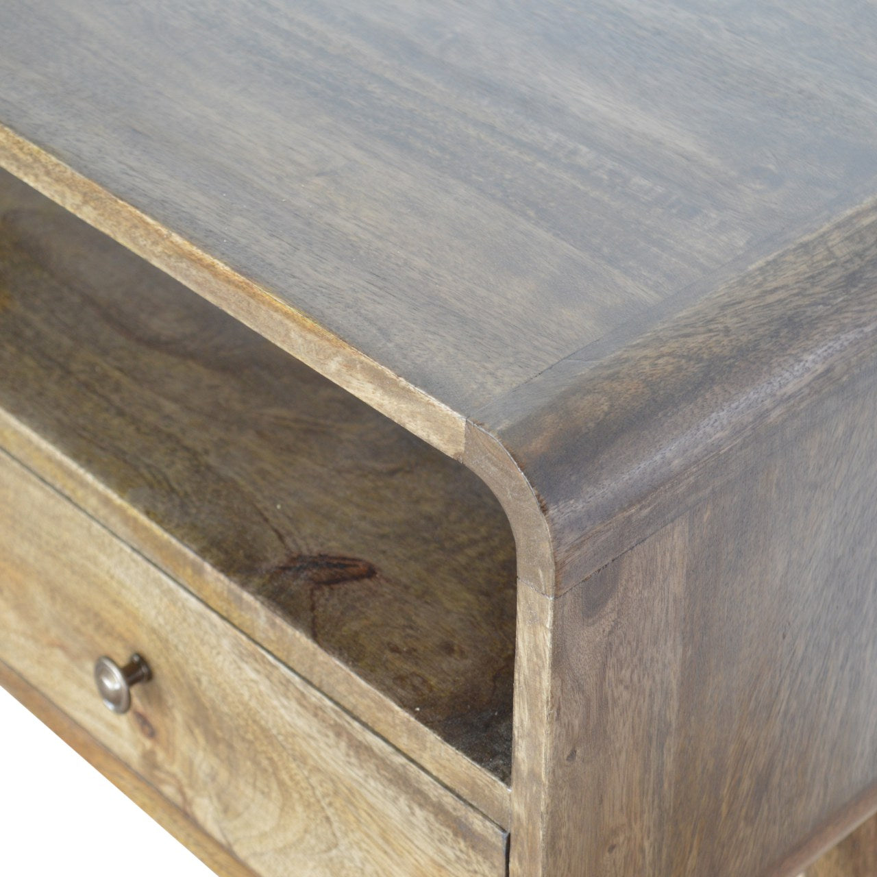 Trapani Curved Grey Washed Mango Wood Console Table 2 Drawers Open Shelf
