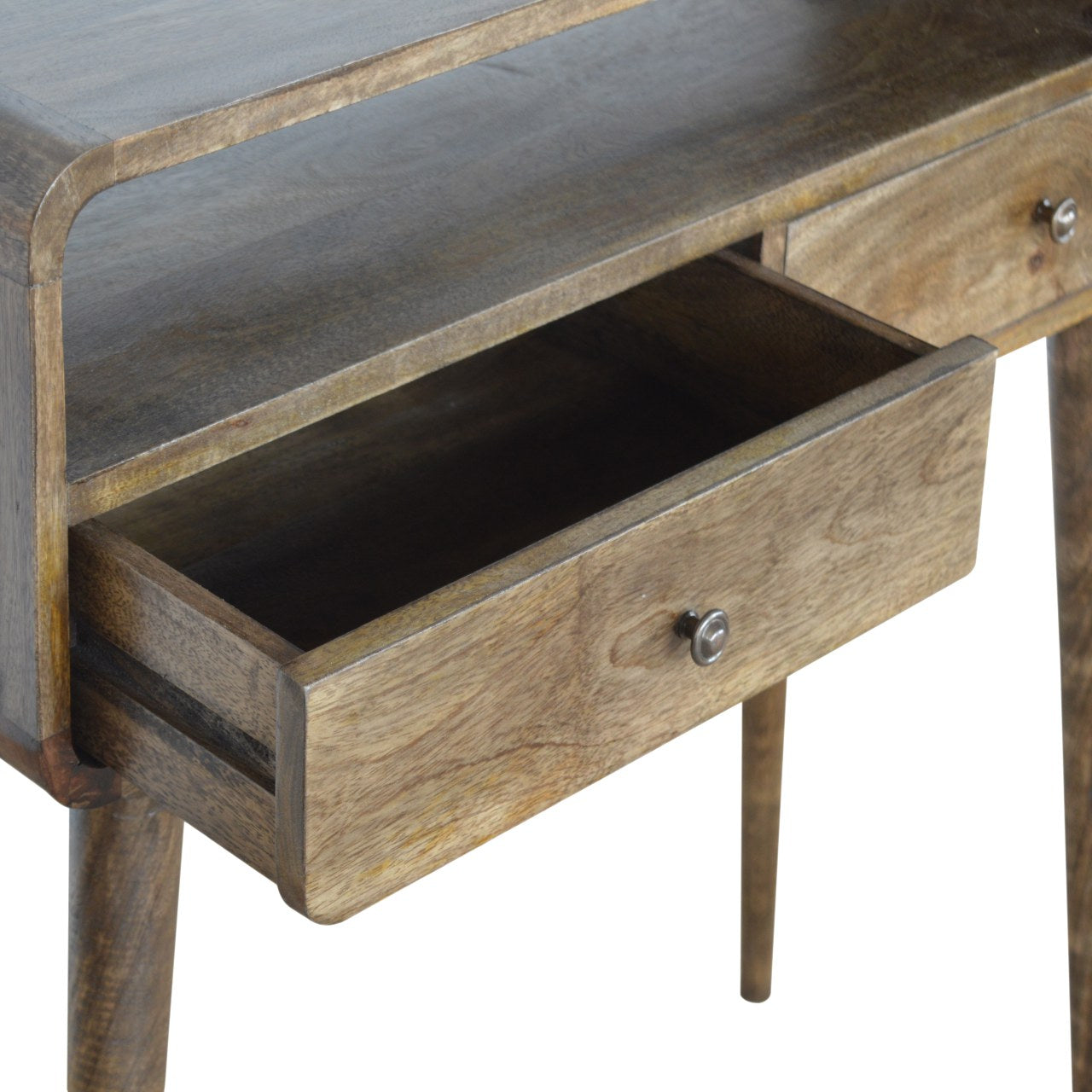 Trapani Curved Grey Washed Mango Wood Console Table 2 Drawers Open Shelf