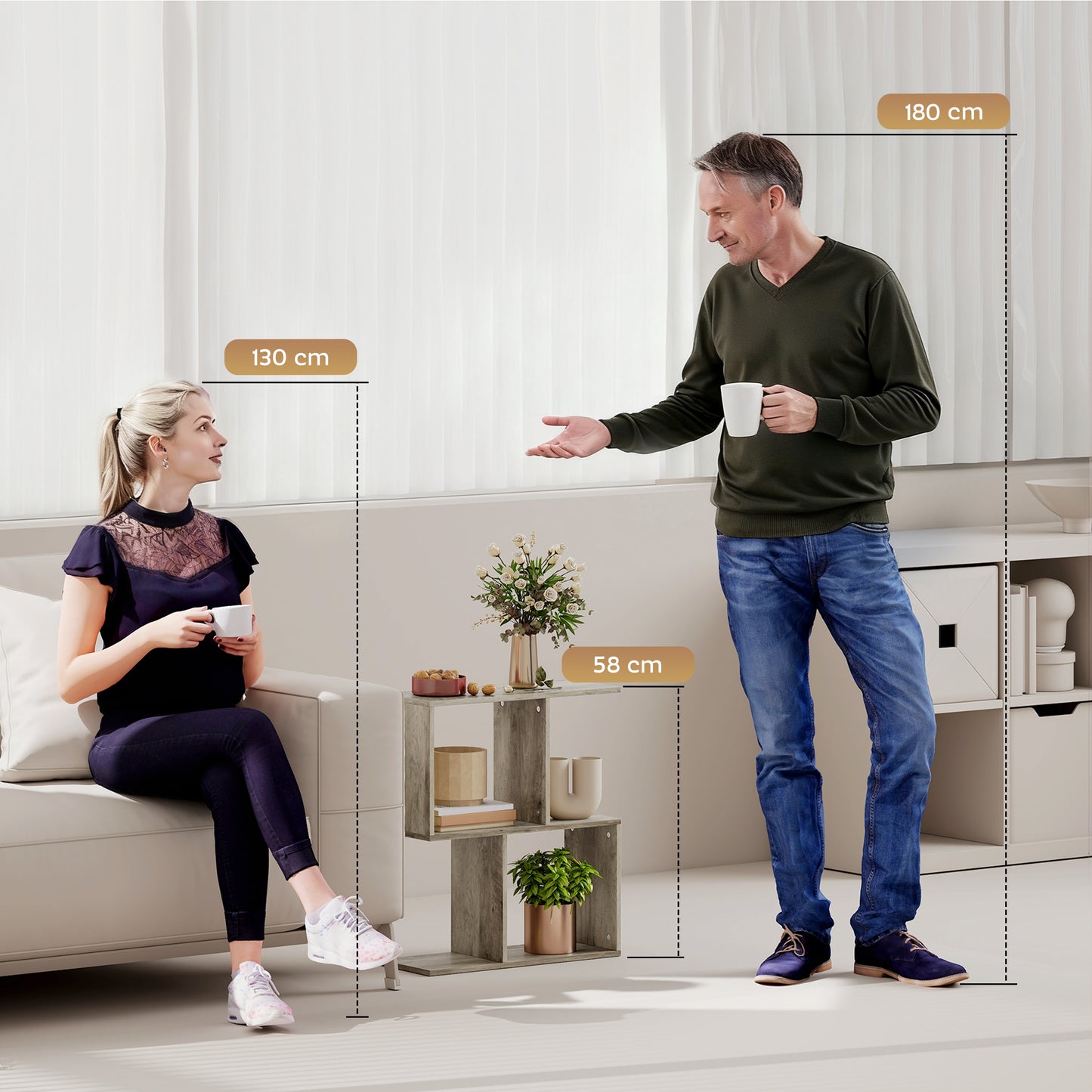 Filo Wooden Grey Narrow S Shaped Side Table With 3 Tier Storage