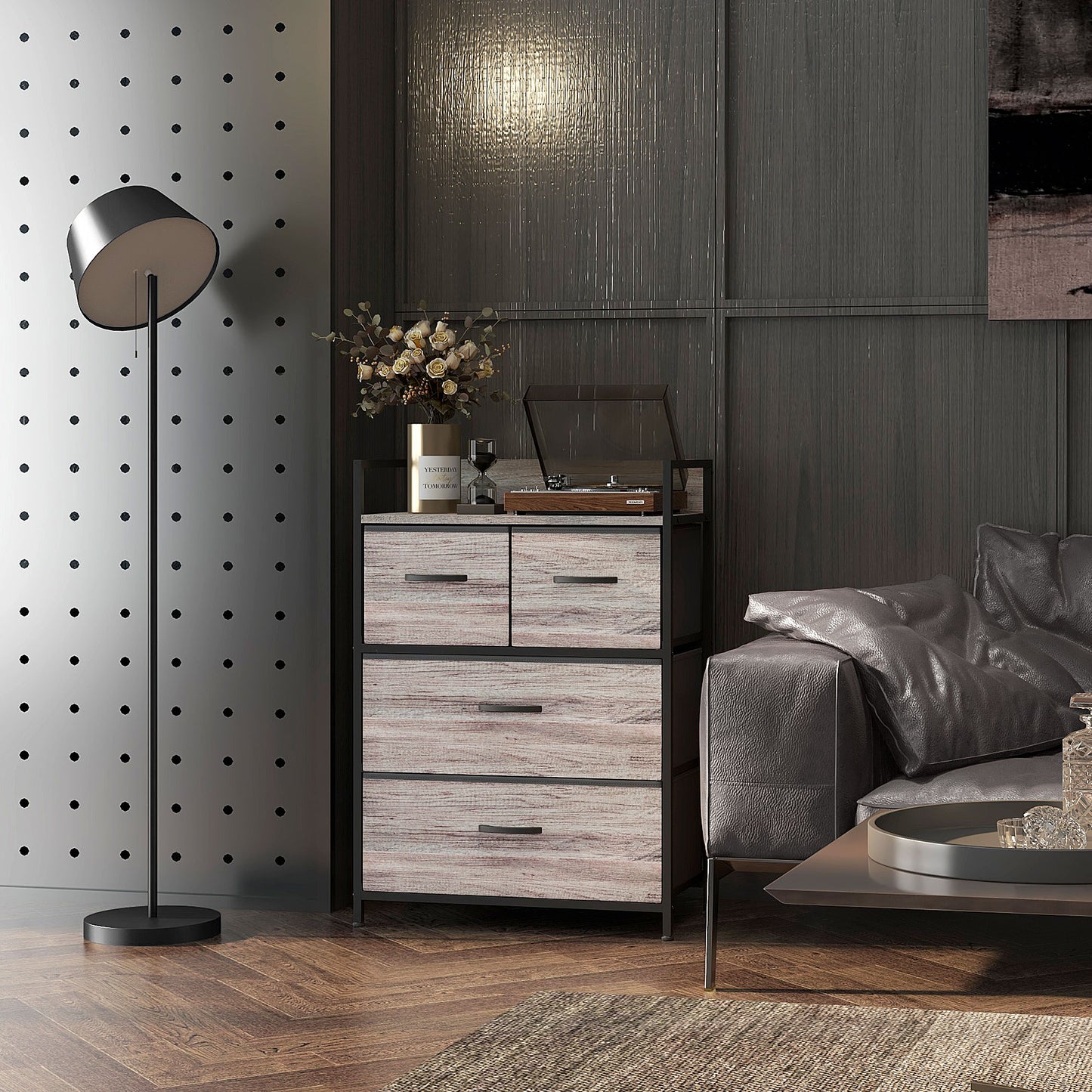 Doyo Elso Fabric And Wood Grey Wood Effect 4 Drawer Rustic Storage Chest