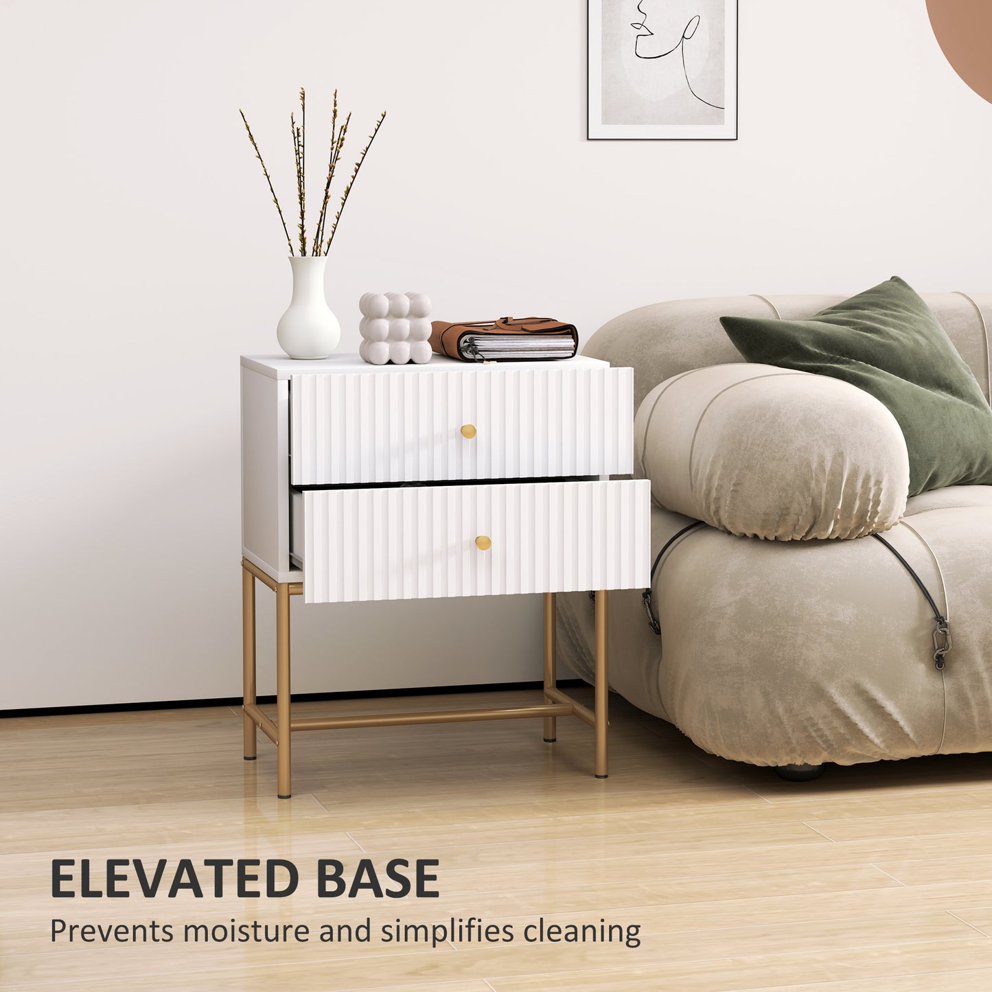 Lelu Rata White and Gold Elegant 2 Drawer Ribbed Bedside Table