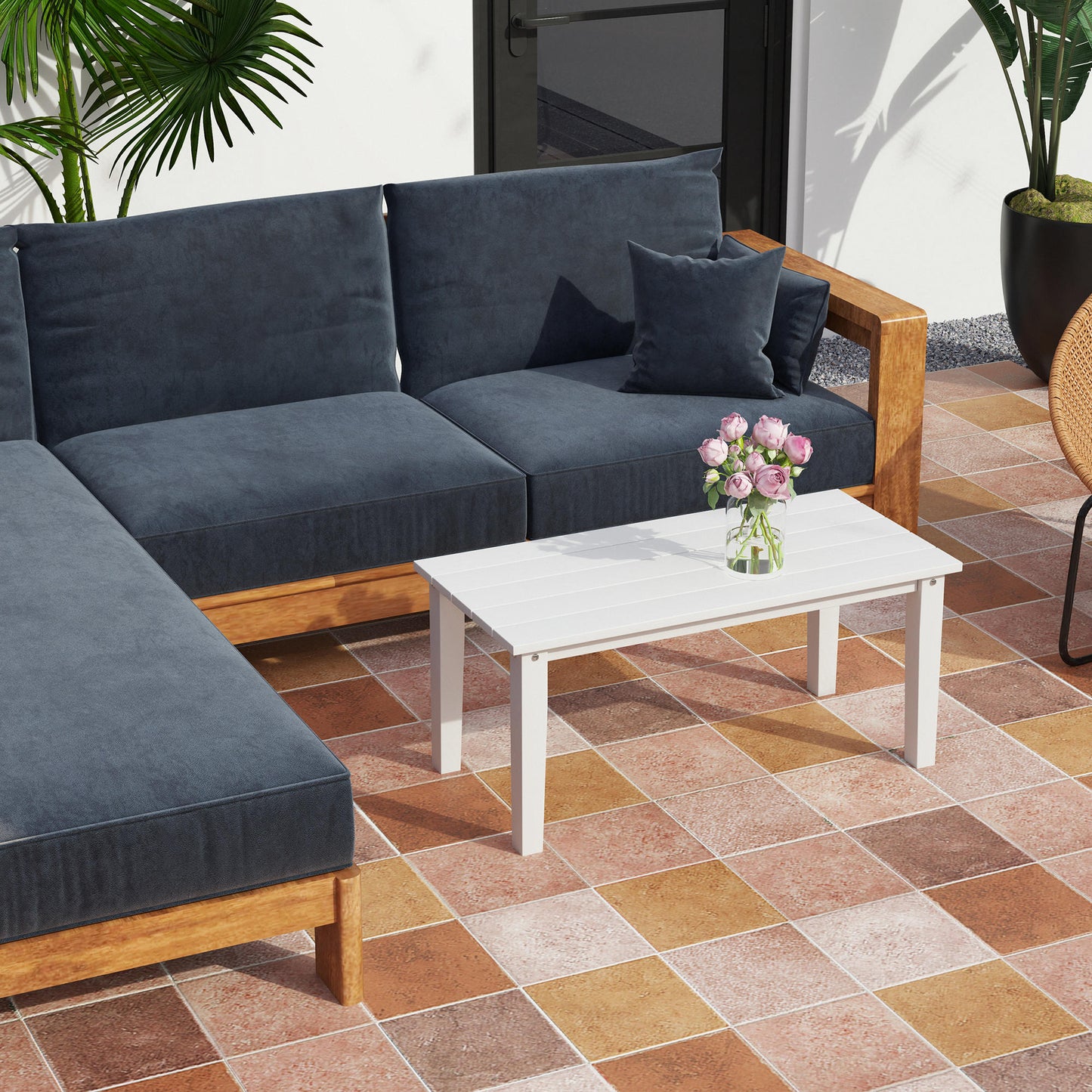Harota Wooden White Outdoor Rectangular Coffee Table With Slatted Top For Garden And Balcony Use