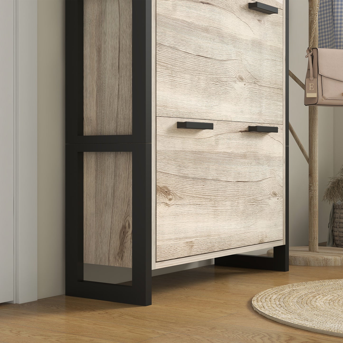 Tona Wooden Natural Wood Effect Slim Shoe Cabinet With 3 Flip Drawers For 18 Pairs