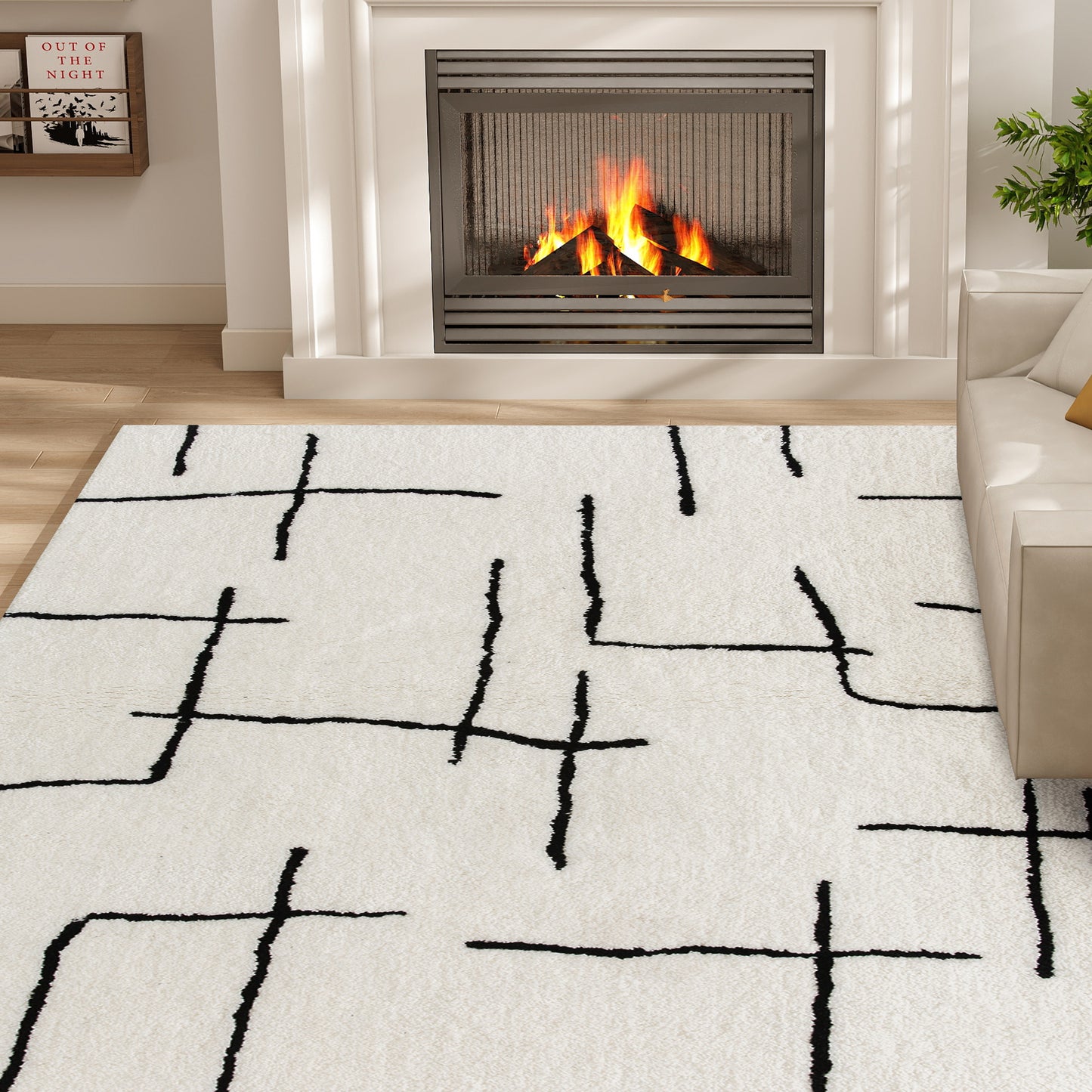 Soelvi White and Black Fluffy High Pile Geometric Rug 170 x 120cm