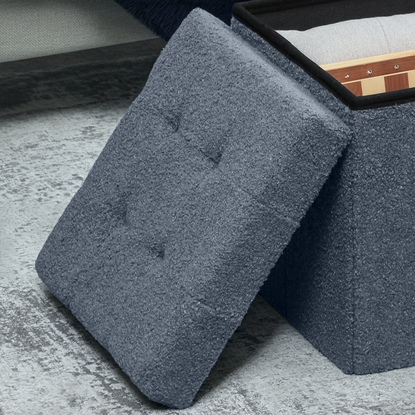 Fazi Sherpa Fleece Blue Foldable Storage Ottoman Diamond Tufted Lid