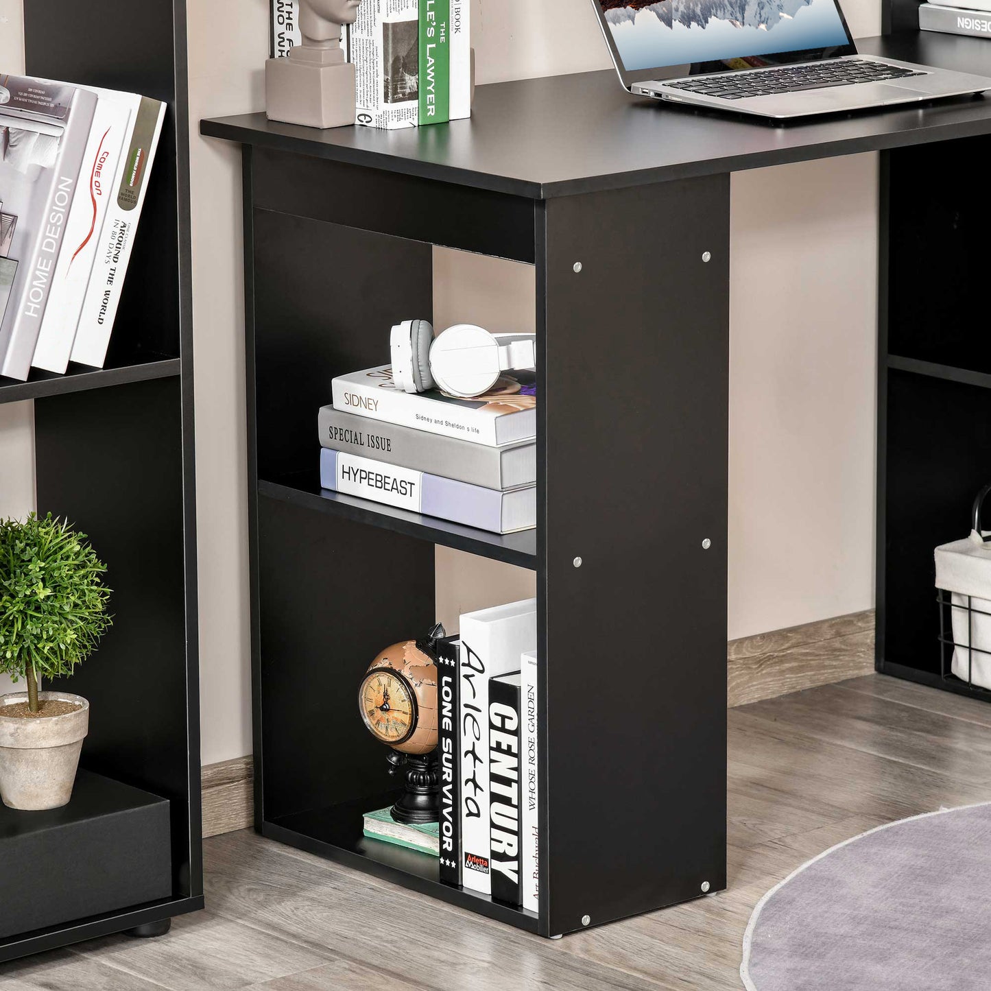 Elni 120cm Wooden Black Study Desk With 6 Tier Bookshelf Storage