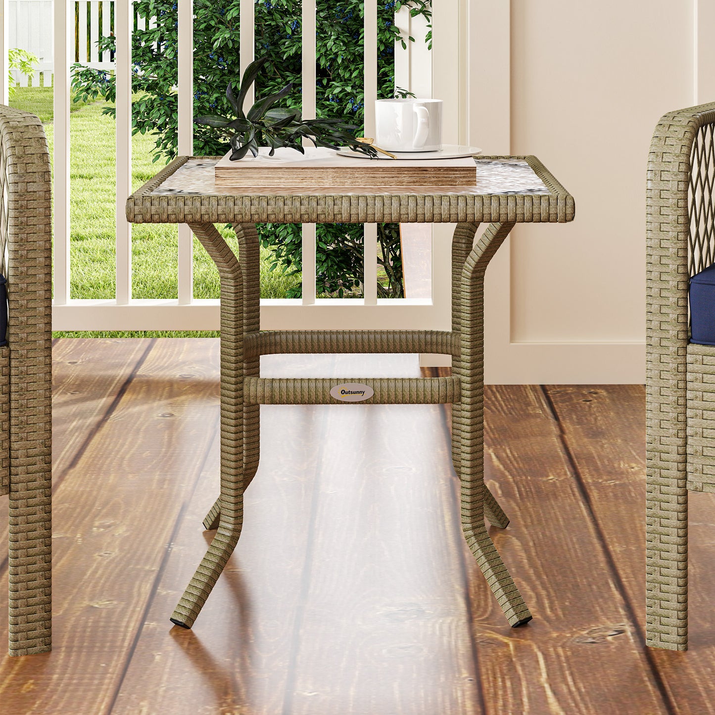Doli Grey Rattan and Blue Fabric 3 Piece Bistro Set with Glass Coffee Table