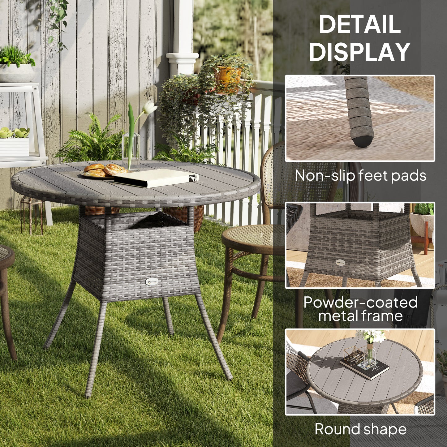 Ladido 90cm Grey Rattan Wood Effect Outdoor Dining Table