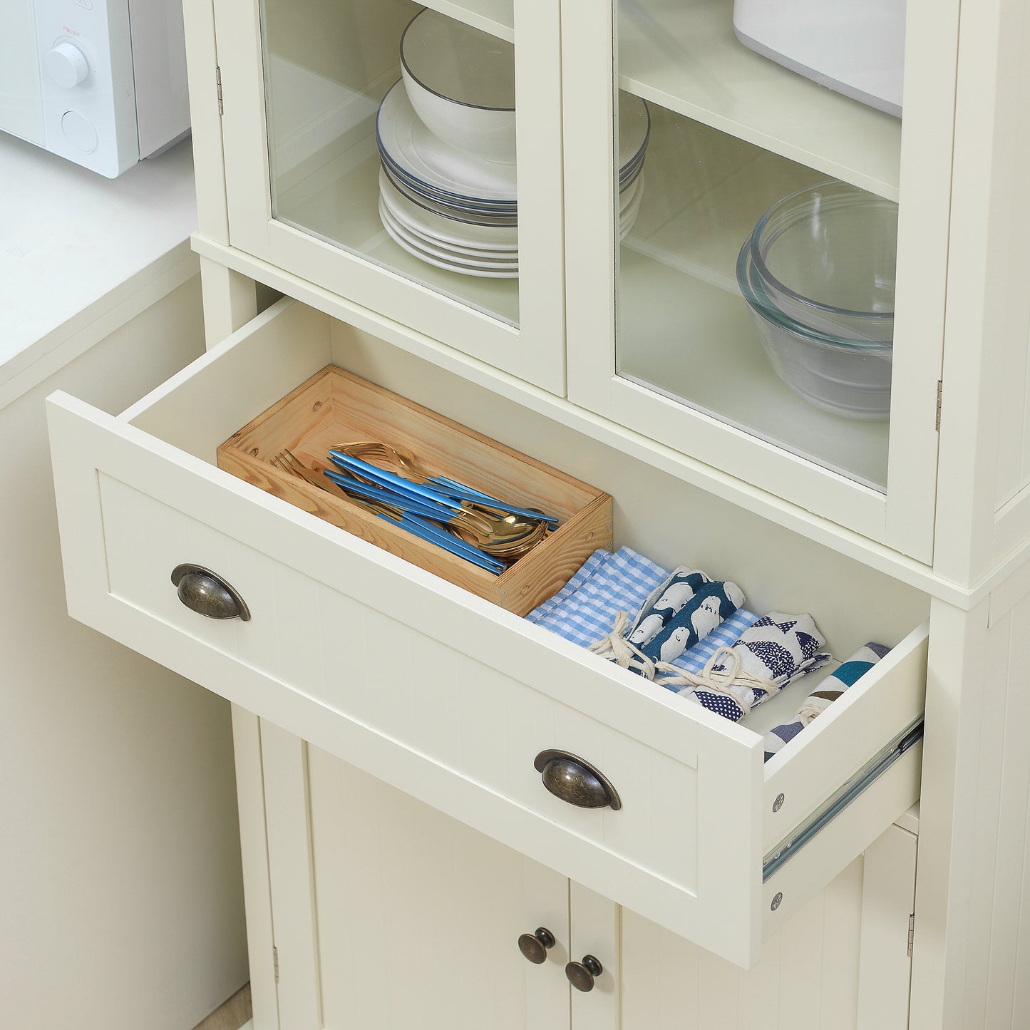 Fidozi Wooden Cream White 5 Tier Freestanding Kitchen Cupboard With Adjustable Shelves And Drawer