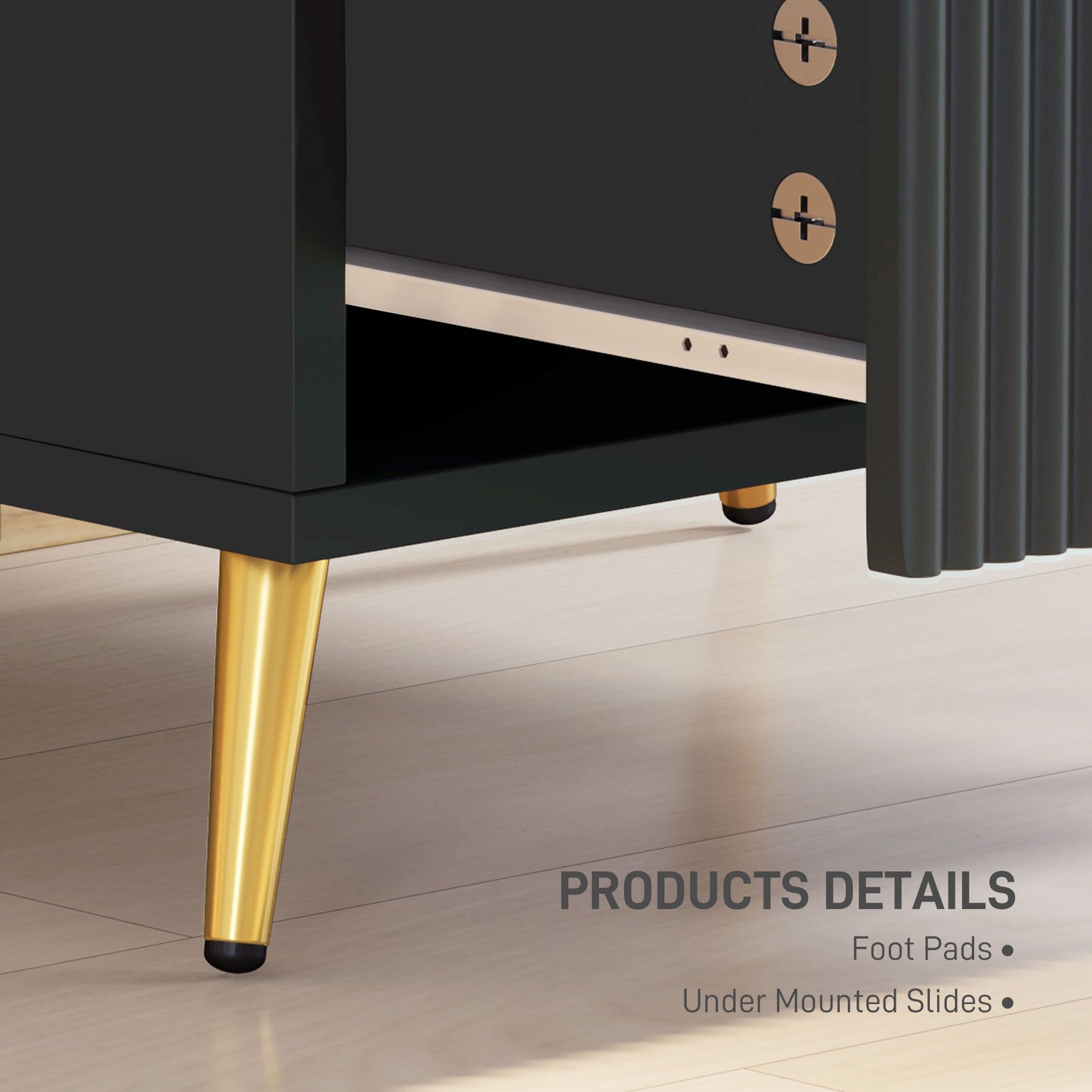 Veha Black Set Of 2 Elegant Ribbed 2 Drawer Bedside Tables Gold Handles
