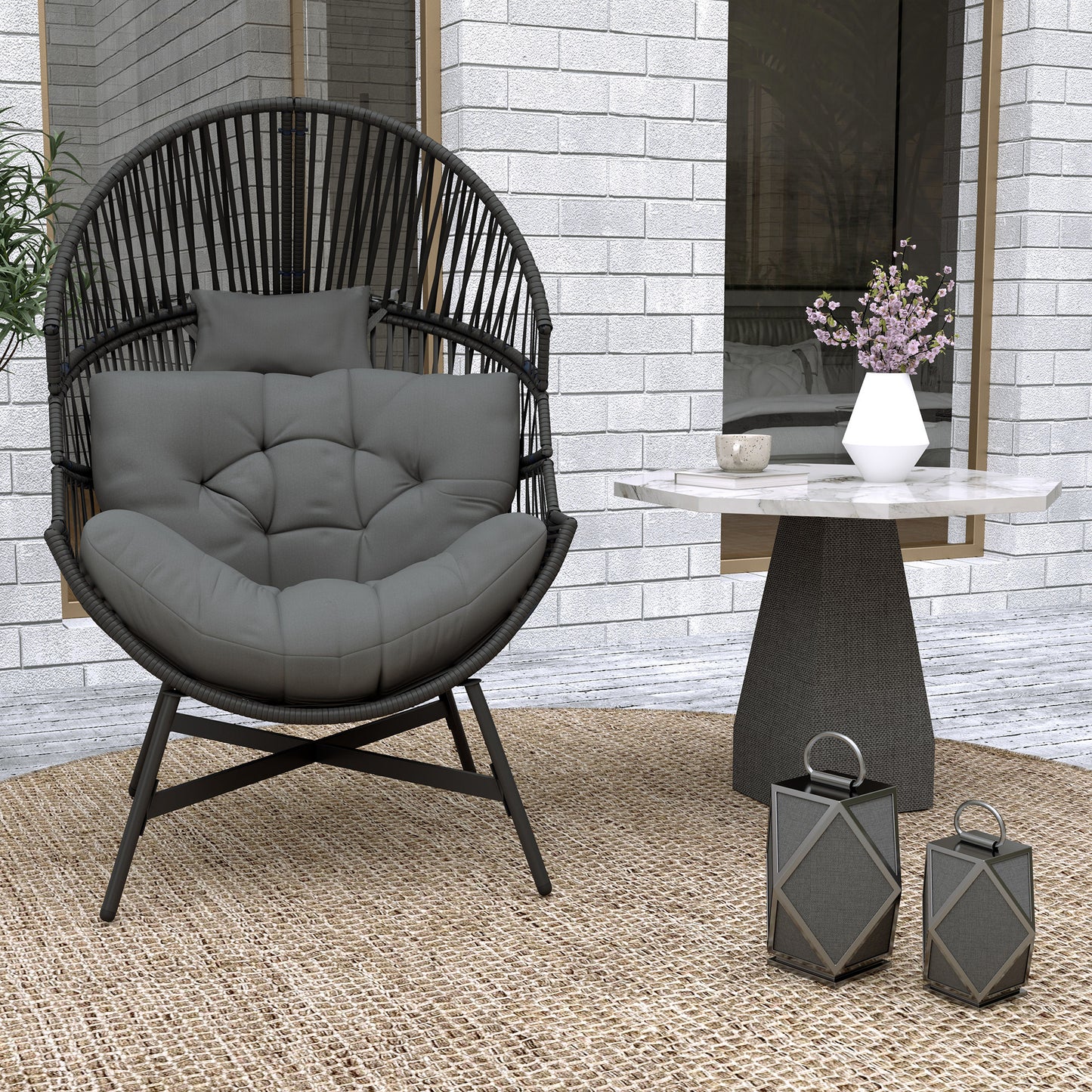 Rataco Rattan Charcoal Grey Oversized Freestanding Egg Chair With Tufted Cushion And Headrest