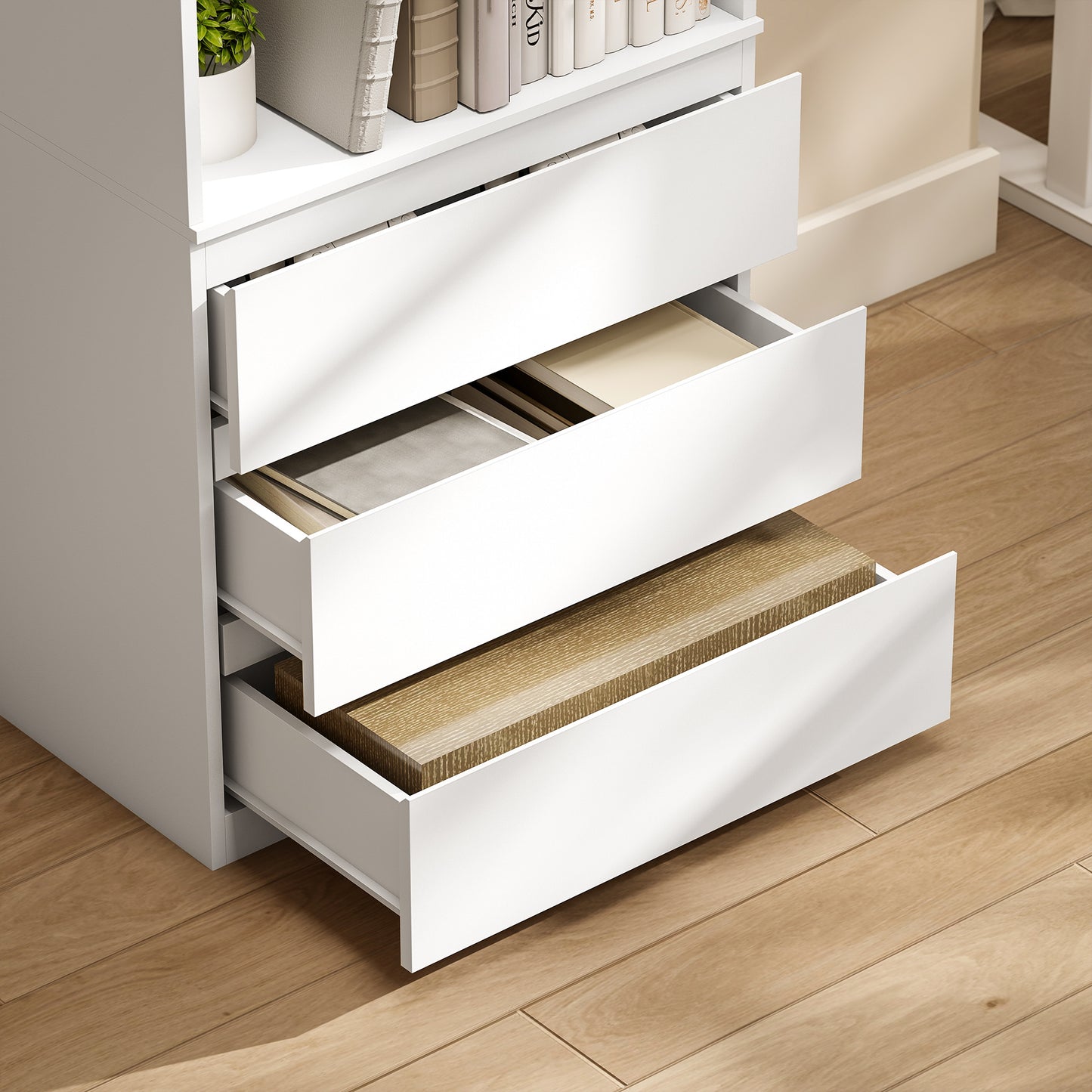 Seso Wood White Tall Bookcase With Shelves And Integrated Drawers 180 cm