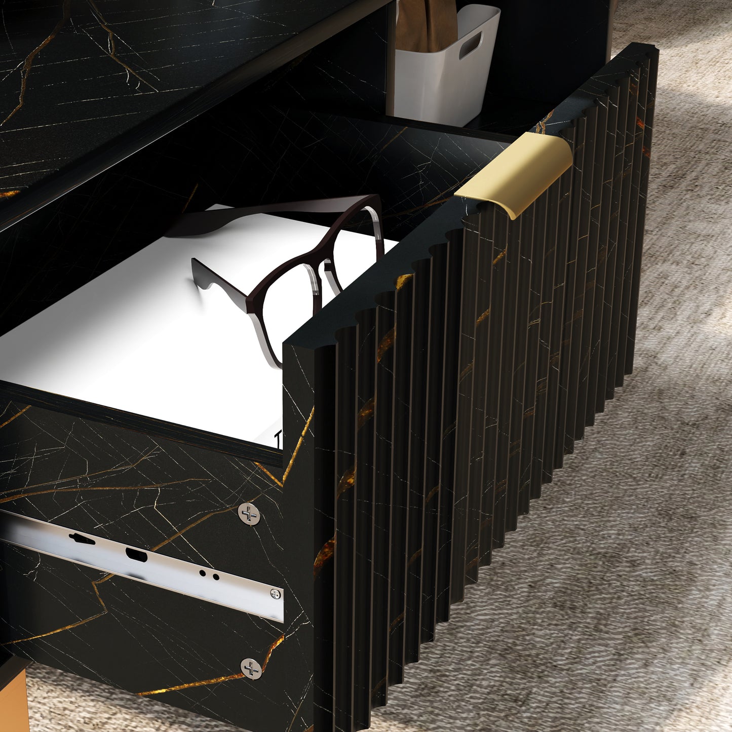 Neva Wooden Black Marble Effect Coffee Table With Integrated Storage