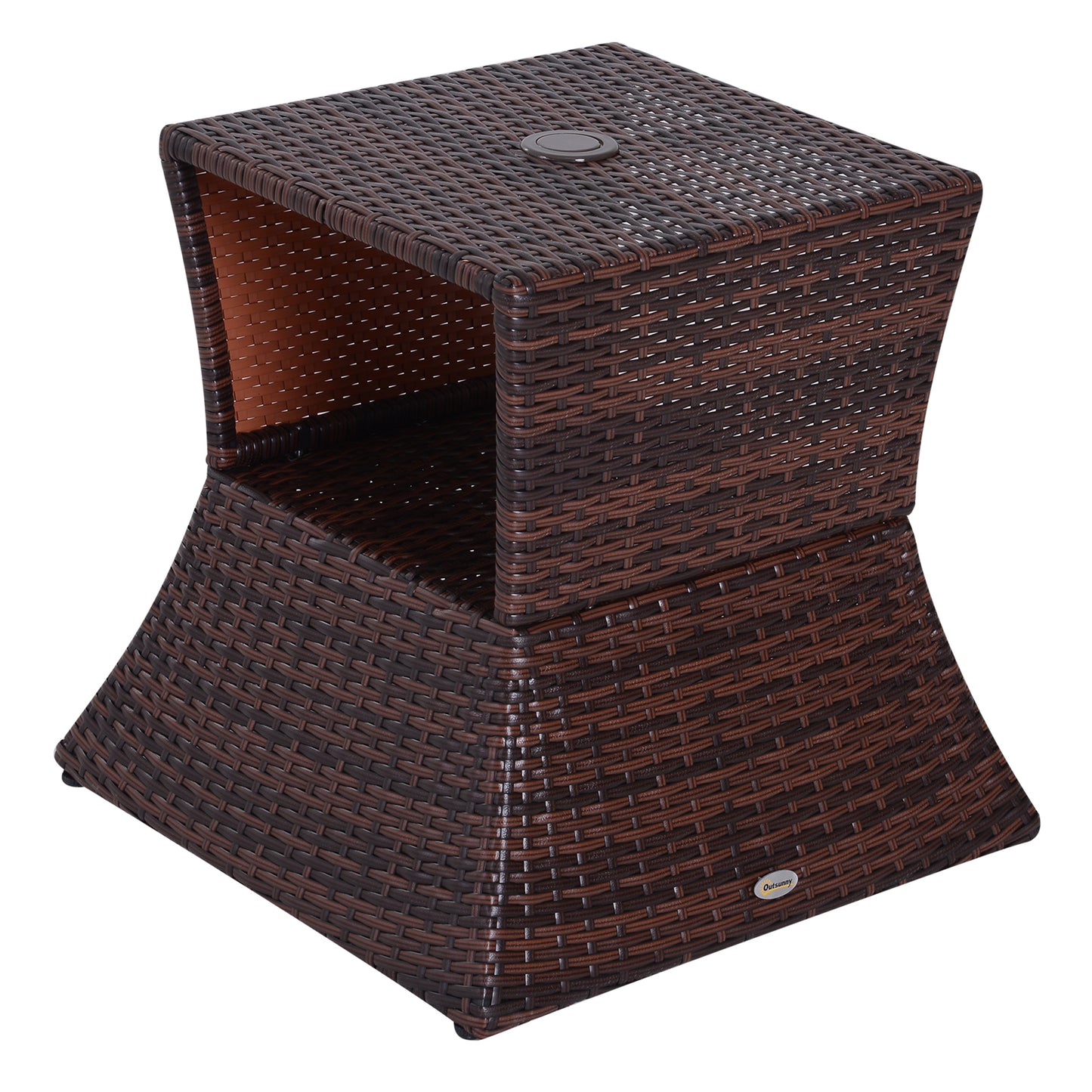 Lekavi Rattan Brown Outdoor Coffee Table With Umbrella Open And Shelf