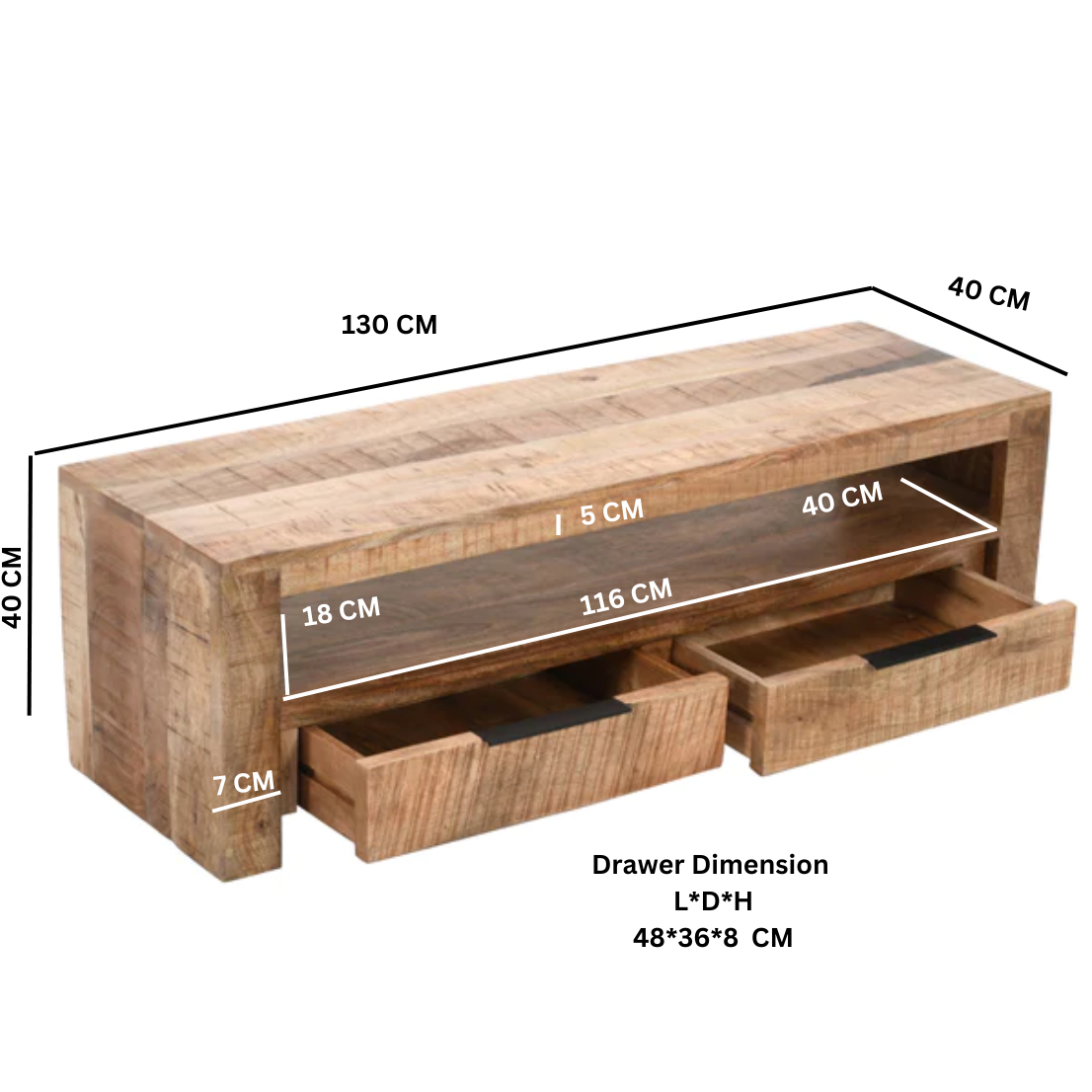 London Natural Mango Wood TV Cabinet with 2 Drawers and 1 Shelf