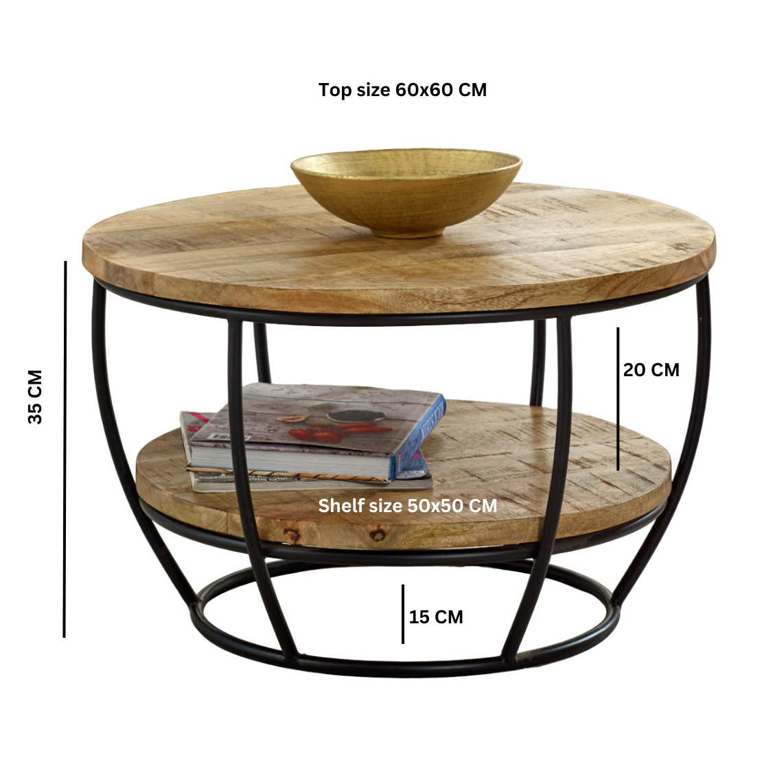 California Solid Wood and Metal Round Coffee Table With Shelf