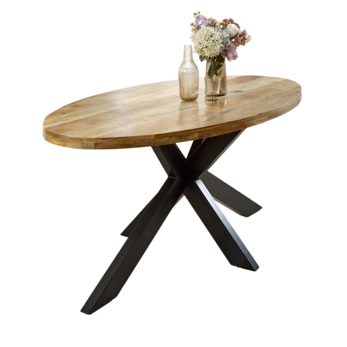 California Solid Mango Wood and Black Metal Oval Dining Table 6 Seater