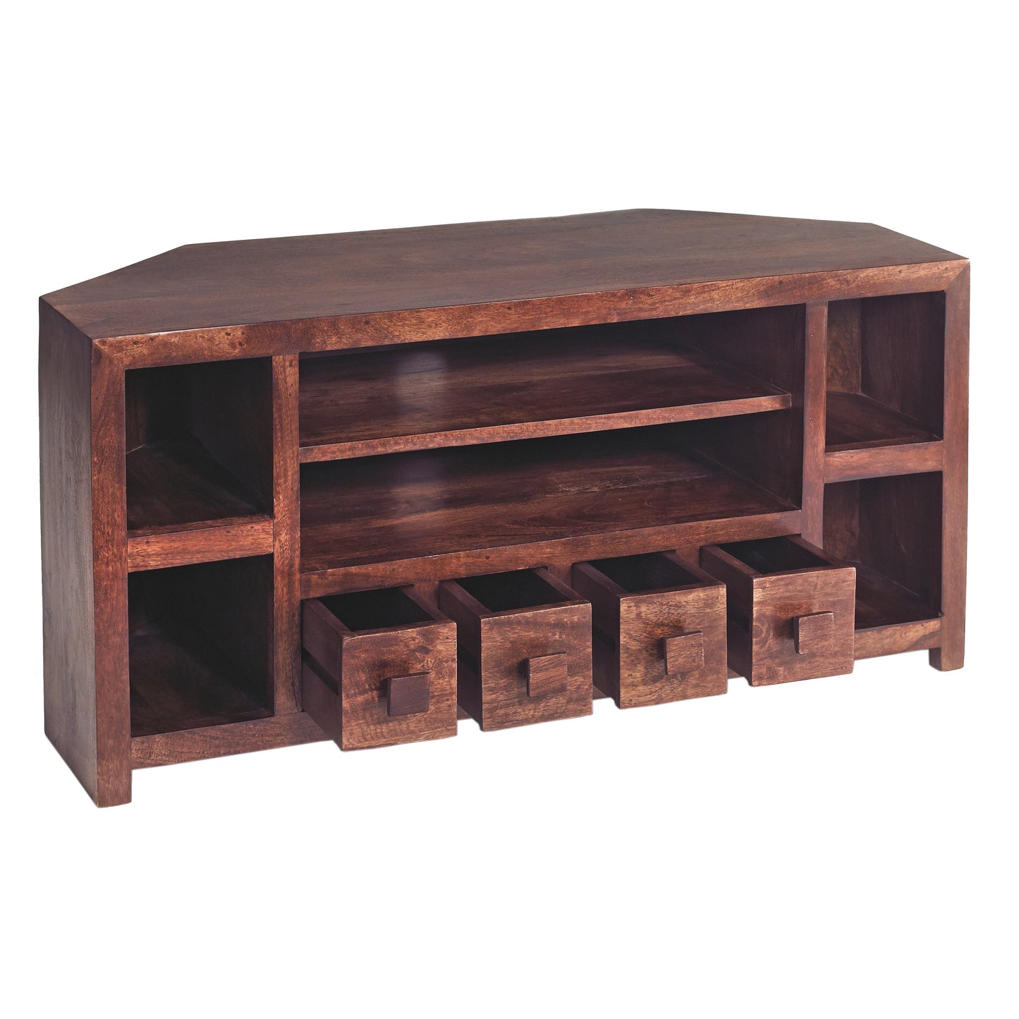 Phuket Dark Mango Wood Corner TV Unit 4 Drawers 6 Shelves