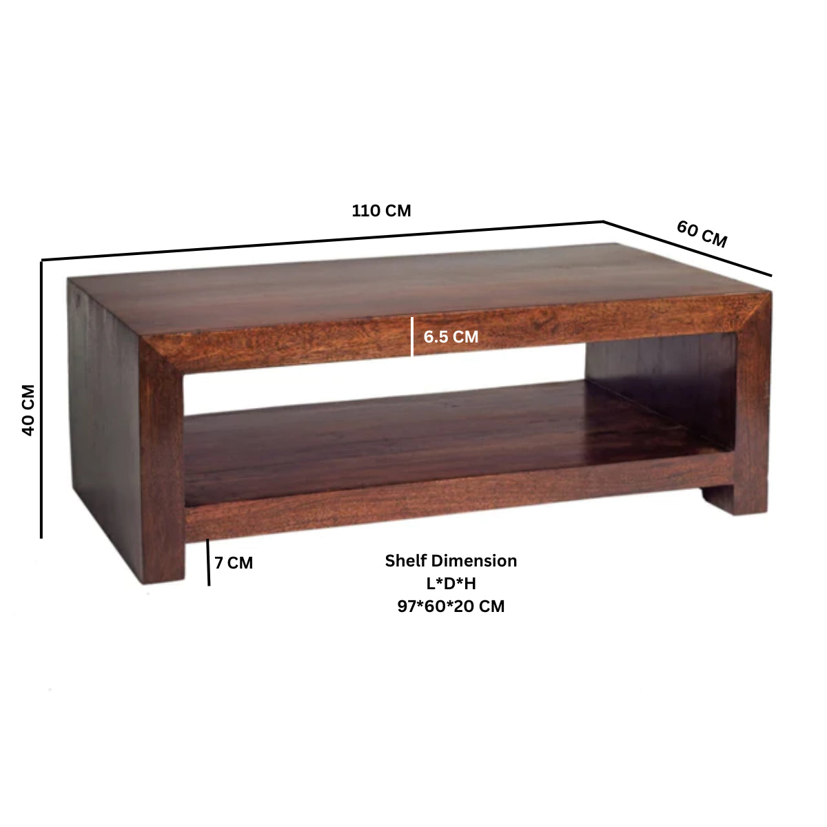 Phuket Dark Mango Wood Large Coffee Table with Bottom Shelf