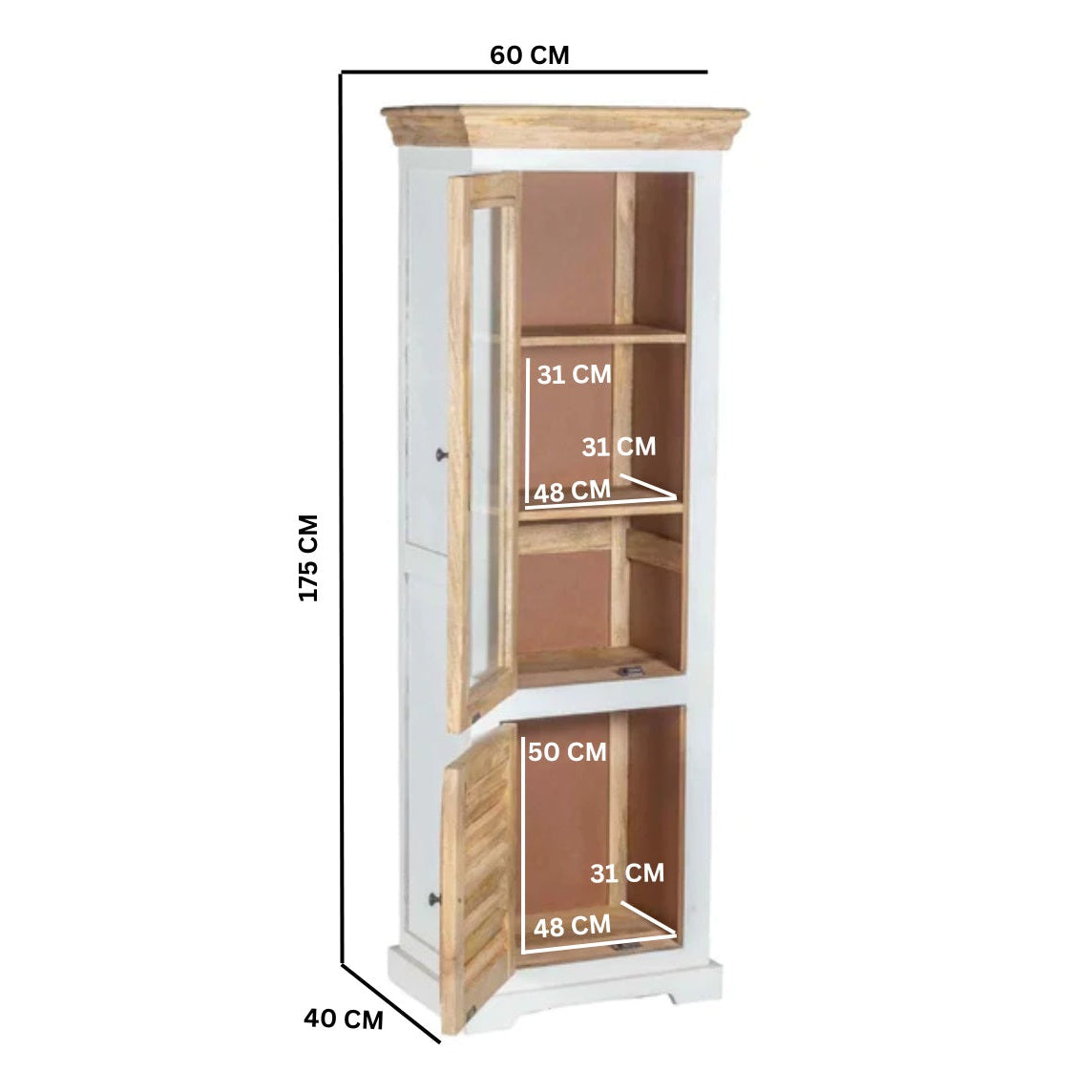 Alington White and Natural Solid Wood Bookcase Display Cabinet With Shelves and Door