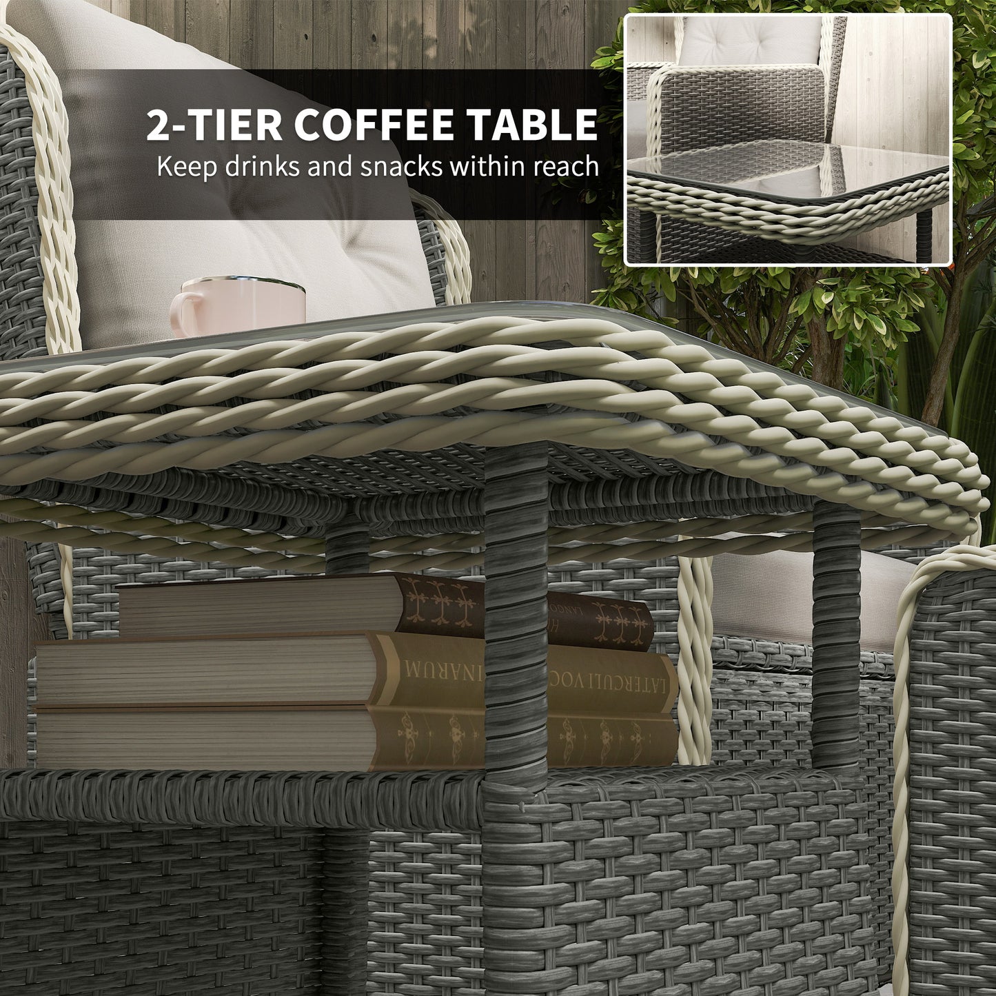 Nonomo Nofa Rattan Natural and White Reclining Outdoor Garden Bistro Set With Cushions