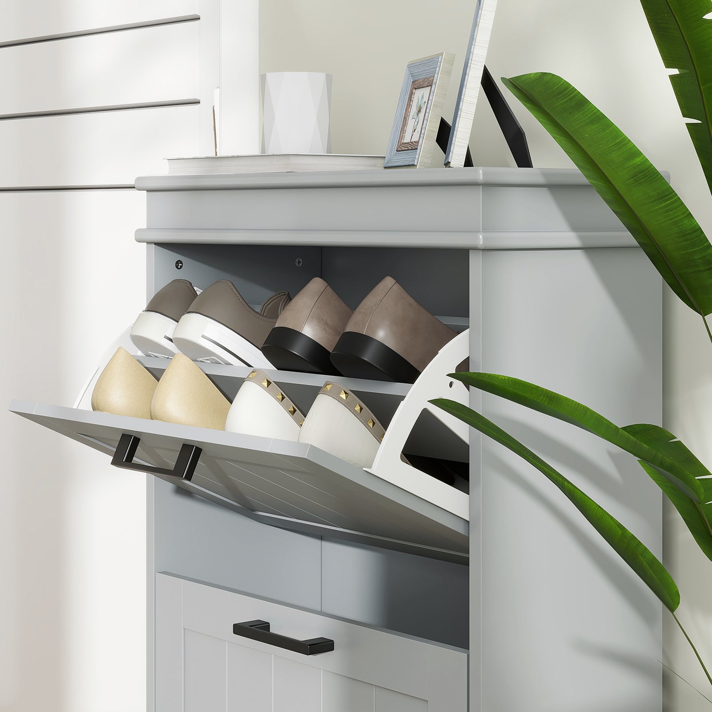 Falifa Wooden Grey Minimal 2 Drawer Shoe Cabinet For 10 Pairs