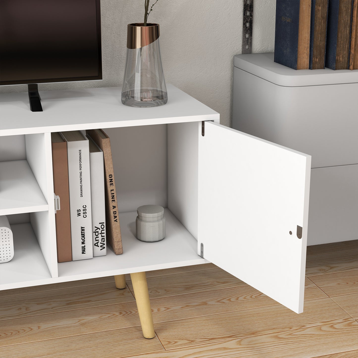 Vido 120cm Tozi Wooden White TV Cabinet With Open Shelves And Wooden Legs For Screens Up To 55 Inches