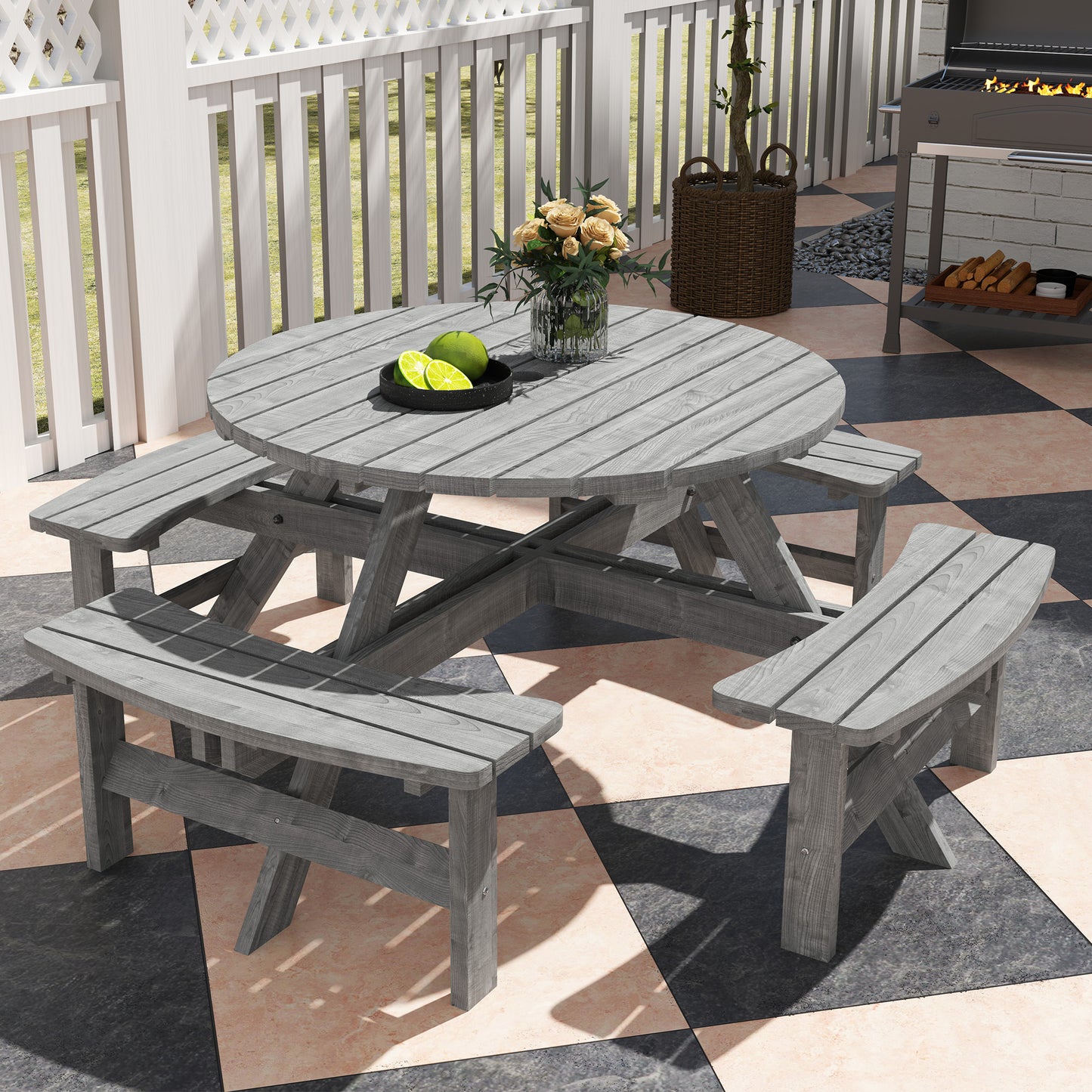 Neel 8 Seater Grey Wood Round Garden Picnic Set Table and Benches