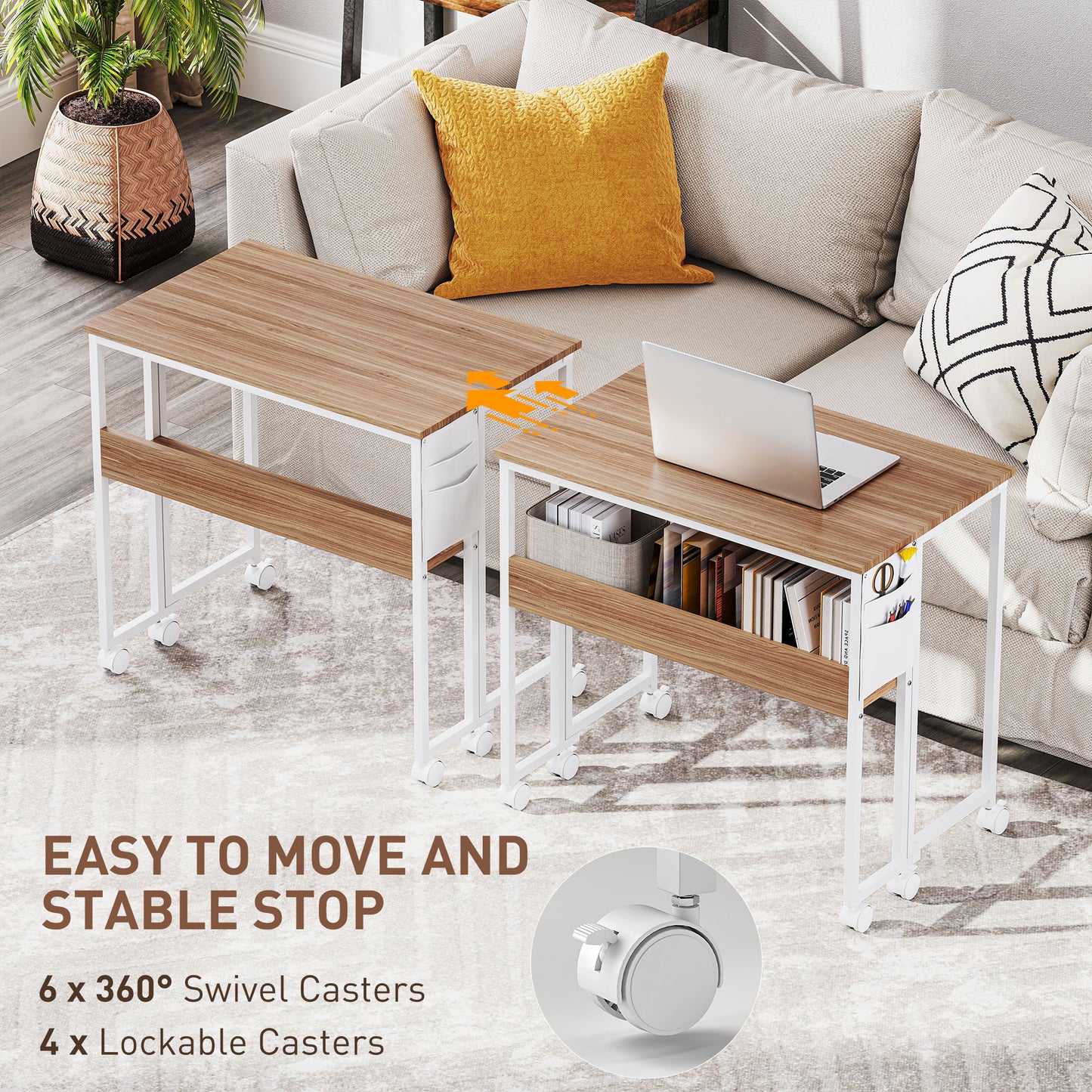 Zika 80cm Wooden Natural Drop Leaf Writing Desk with Lockable Wheels