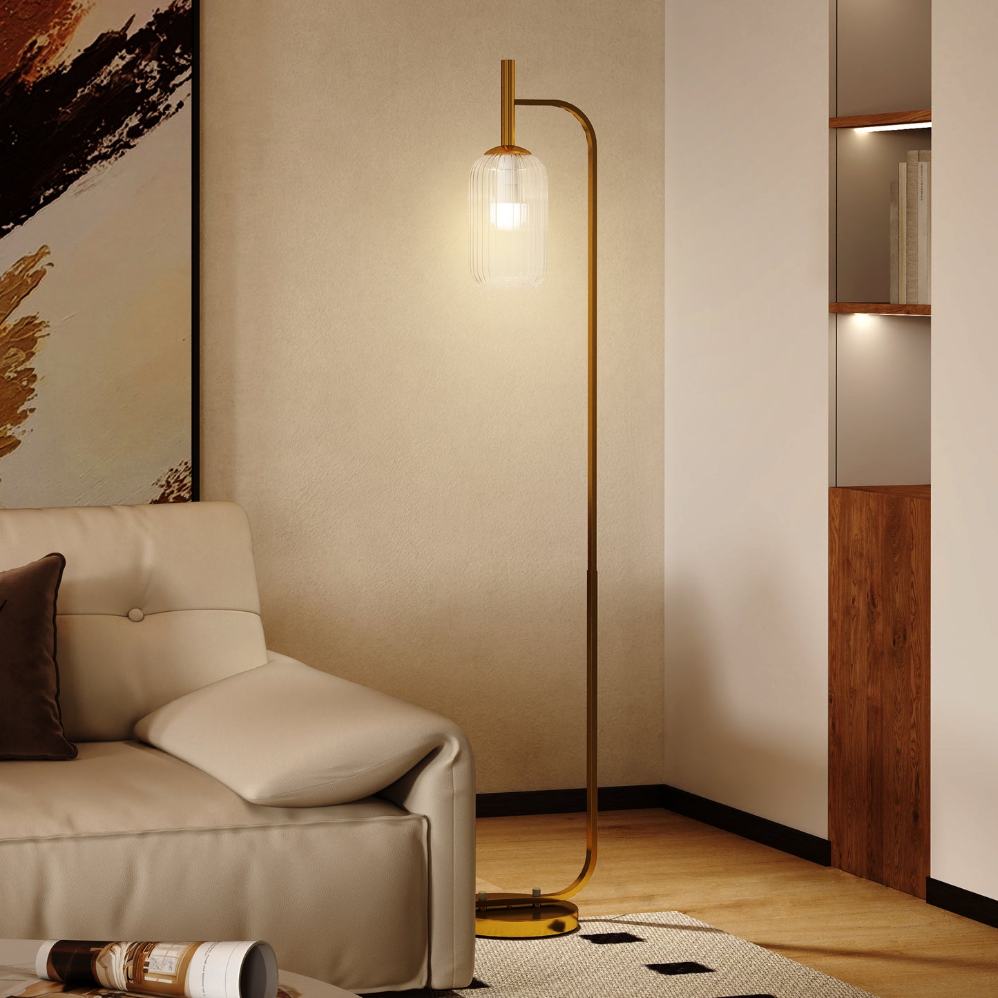 Lamittu Metal Gold Tone Floor Lamp With Glass Shade And Foot Switch