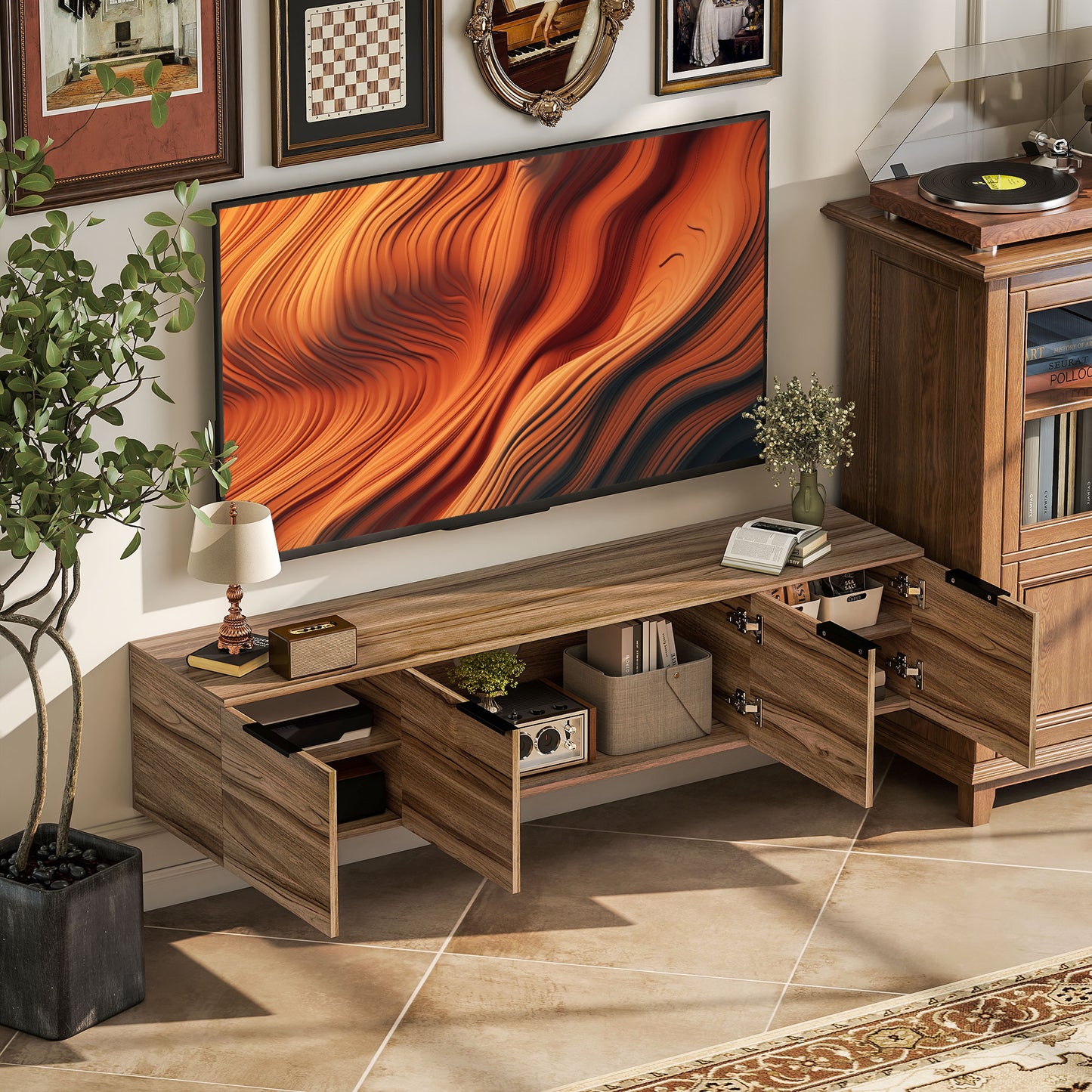 Avacasa 150cm Rustic Brown Floating TV Unit With Shelves And 4 Doors