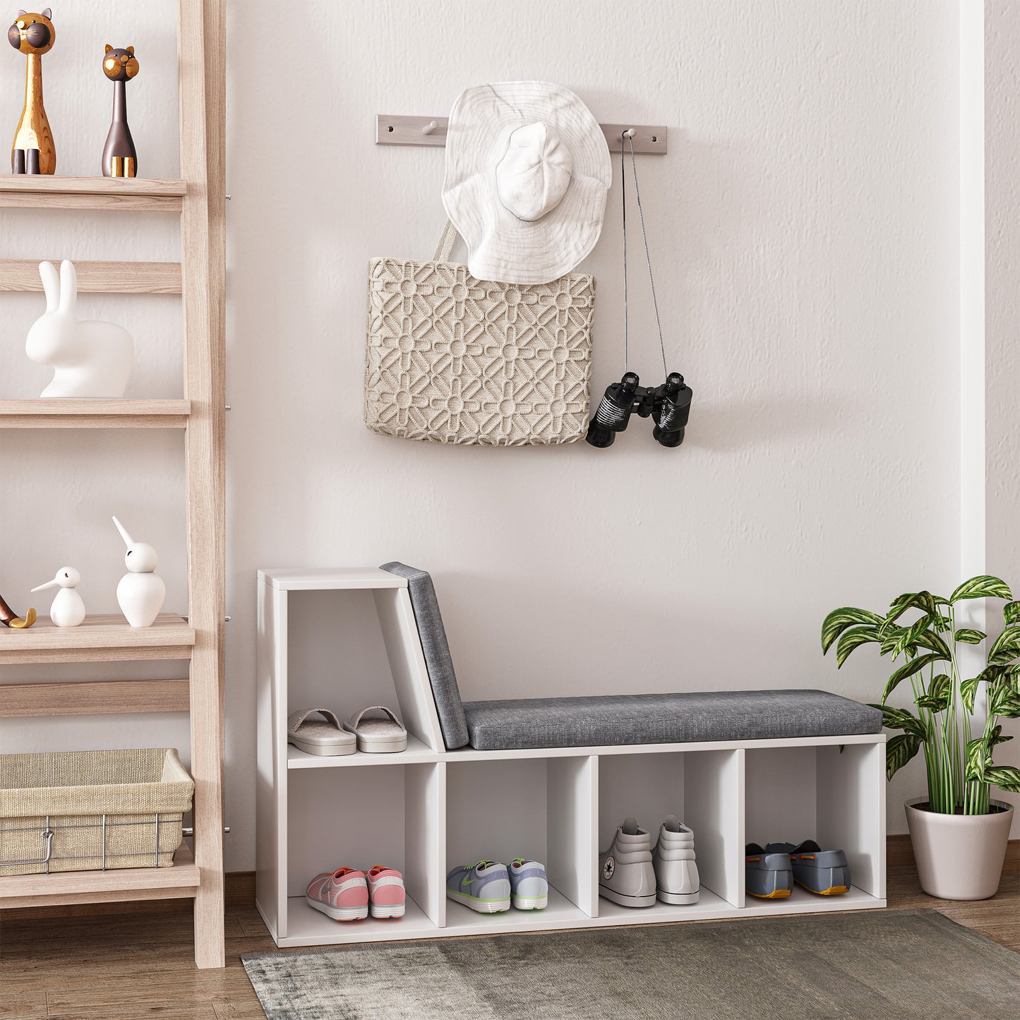 Litadi Wood White Cube Bookcase With Cushioned Seat And Storage Cabinet