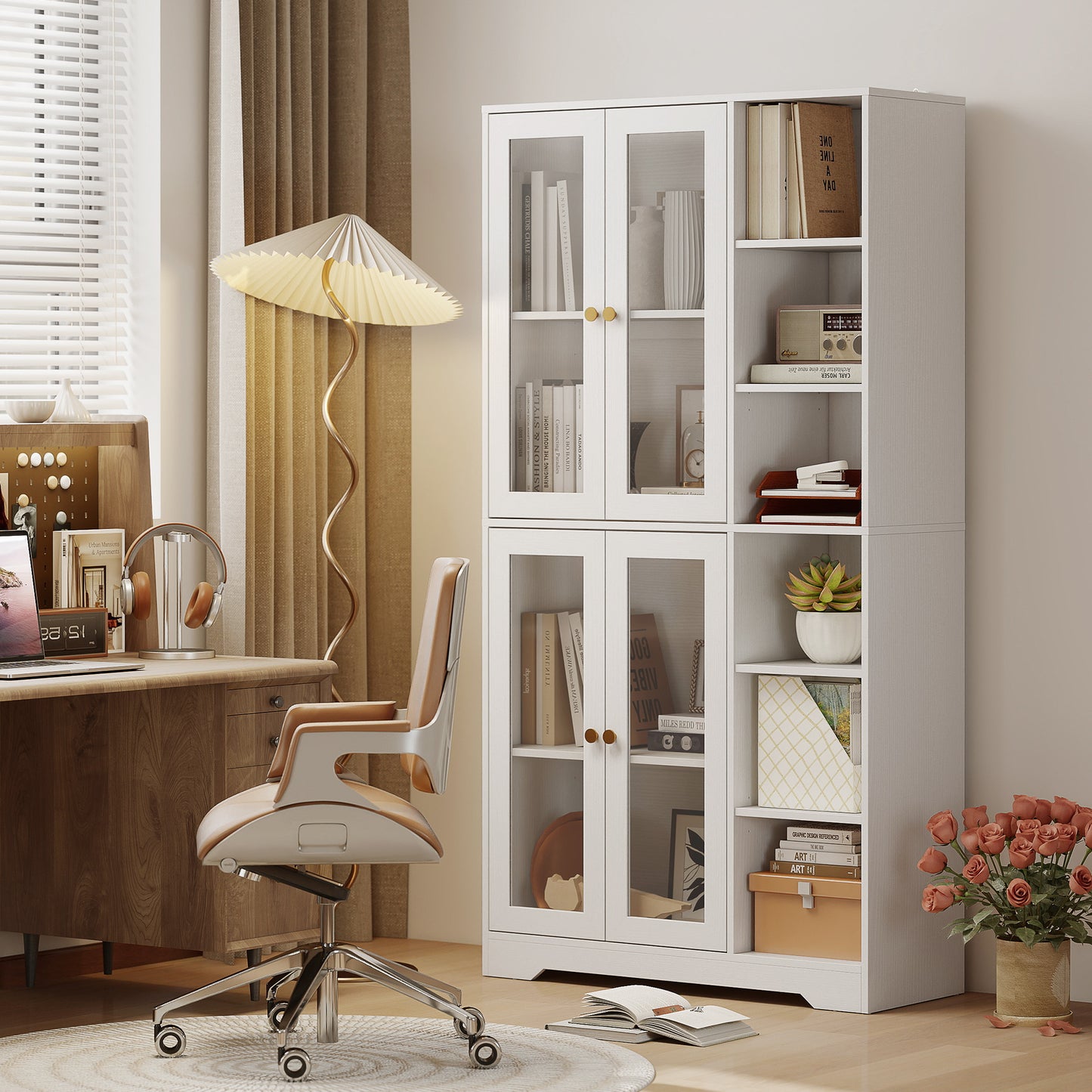 Samalo Wooden White Wood Effect Kitchen Storage Cabinet With Glass Doors