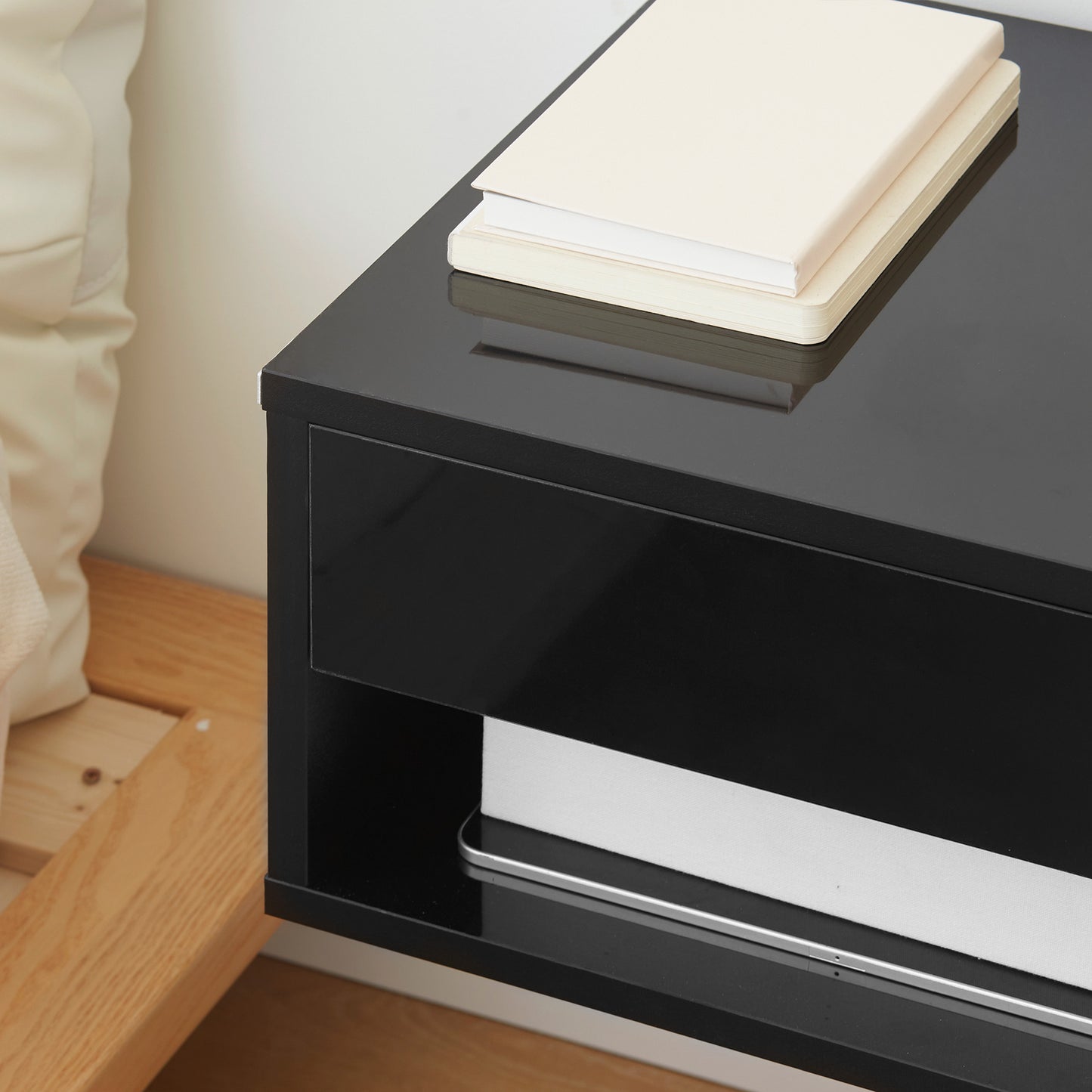 Fisaro Set Of 2 High Gloss Black Floating Bedside Tables 1 Drawer 1 Shelf
