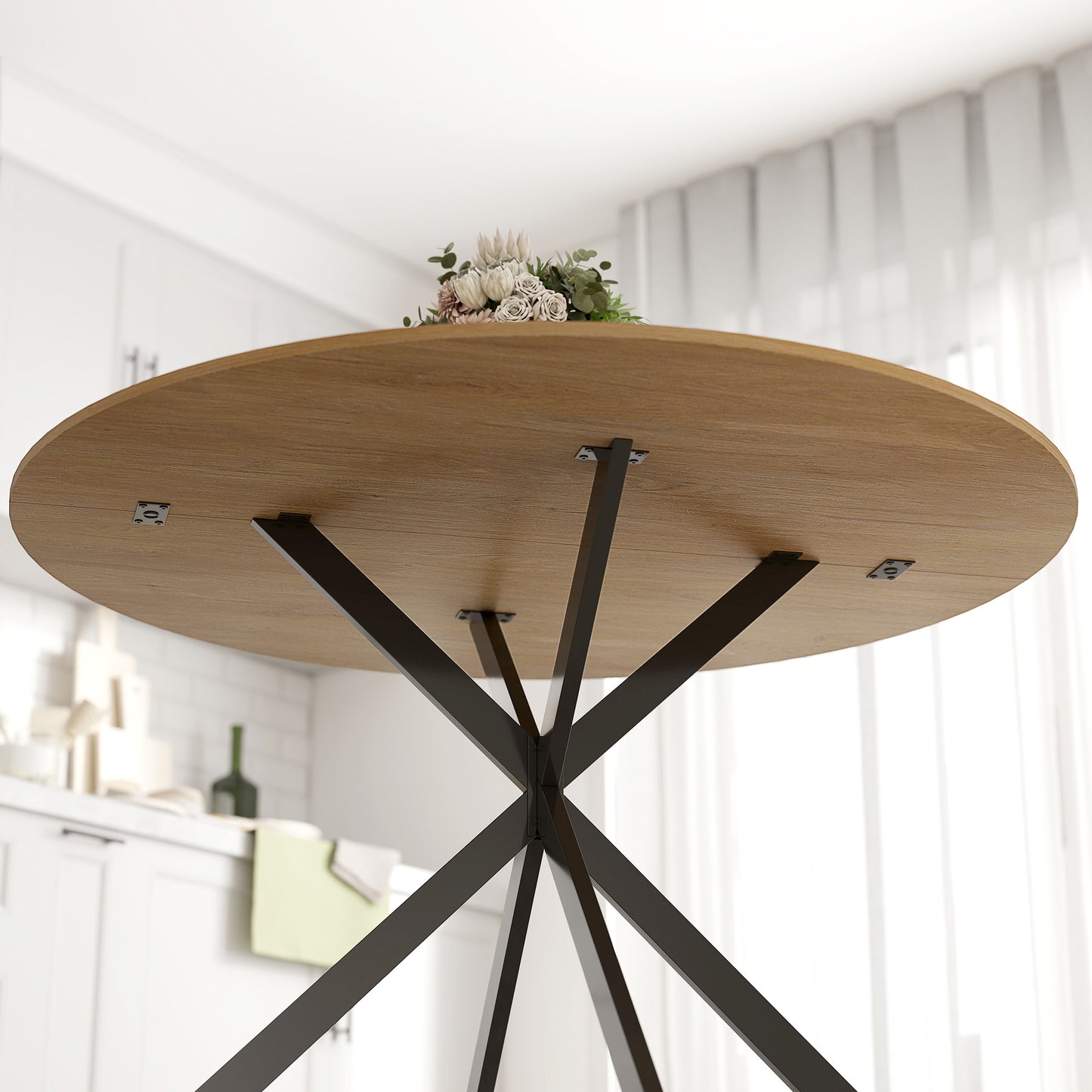 Luhalari Metal And Wood Oak Finish Industrial Dining Table Seating 4 120 cm