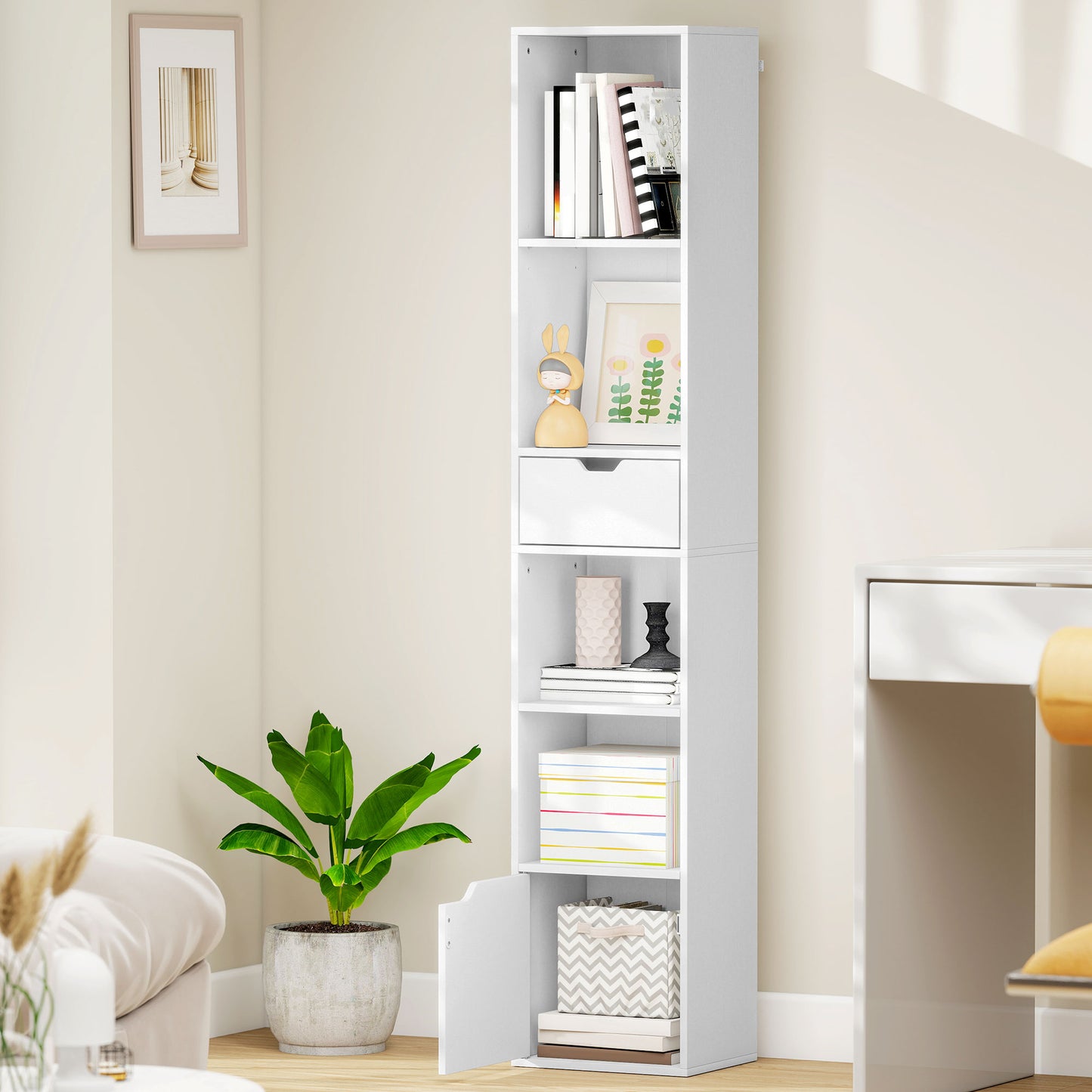 Kesura Wooden White Tall Narrow 6 Tier Bookcase With Drawer And Door