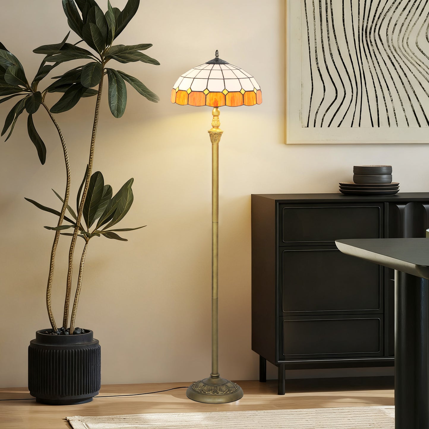 Rakelo Metal And Glass Bronze And Orange Tiffany Style Floor Lamp With Handcrafted Stained Shade