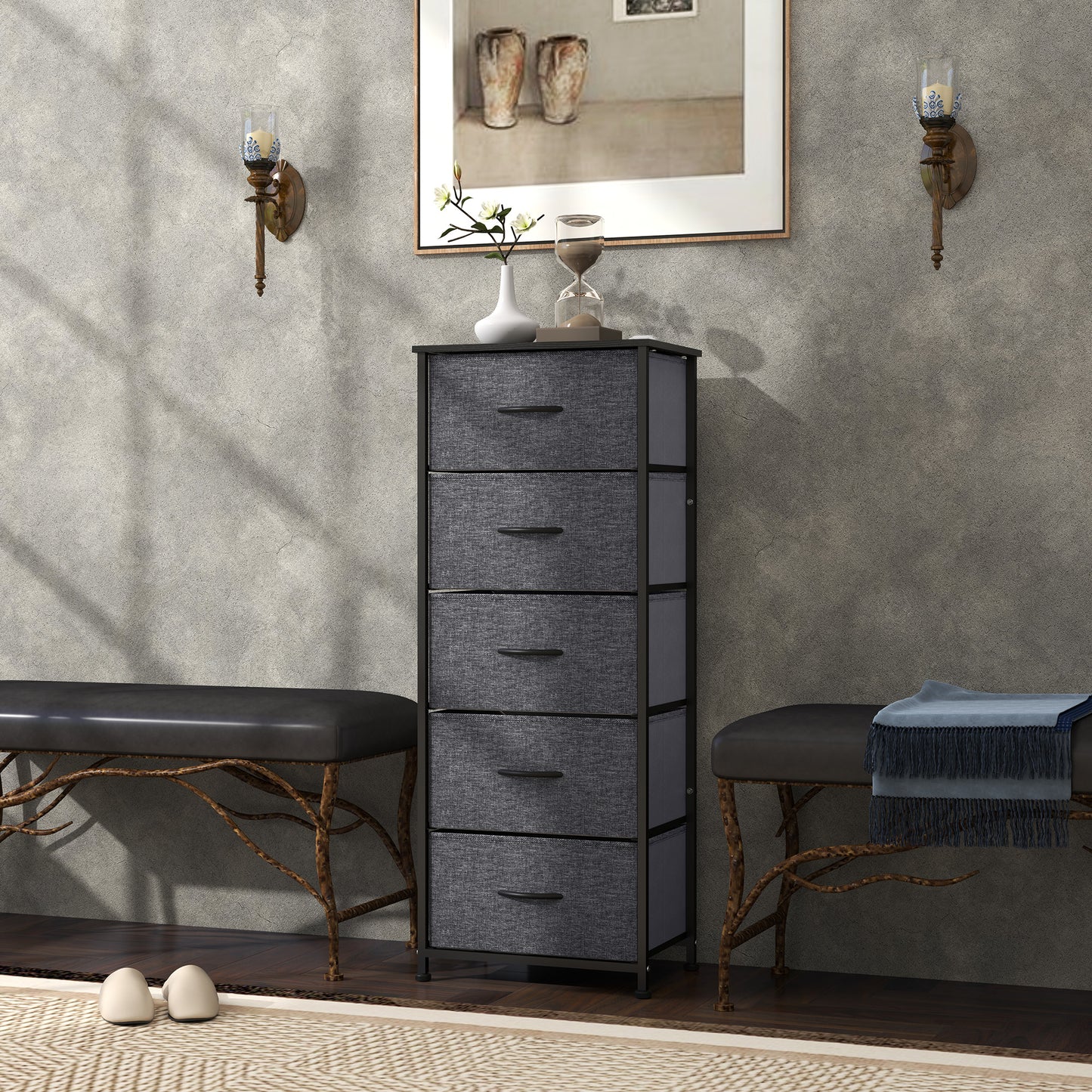 Ralora Metal And Fabric Dark Grey 5 Drawer Industrial Storage Dresser With Steel Frame