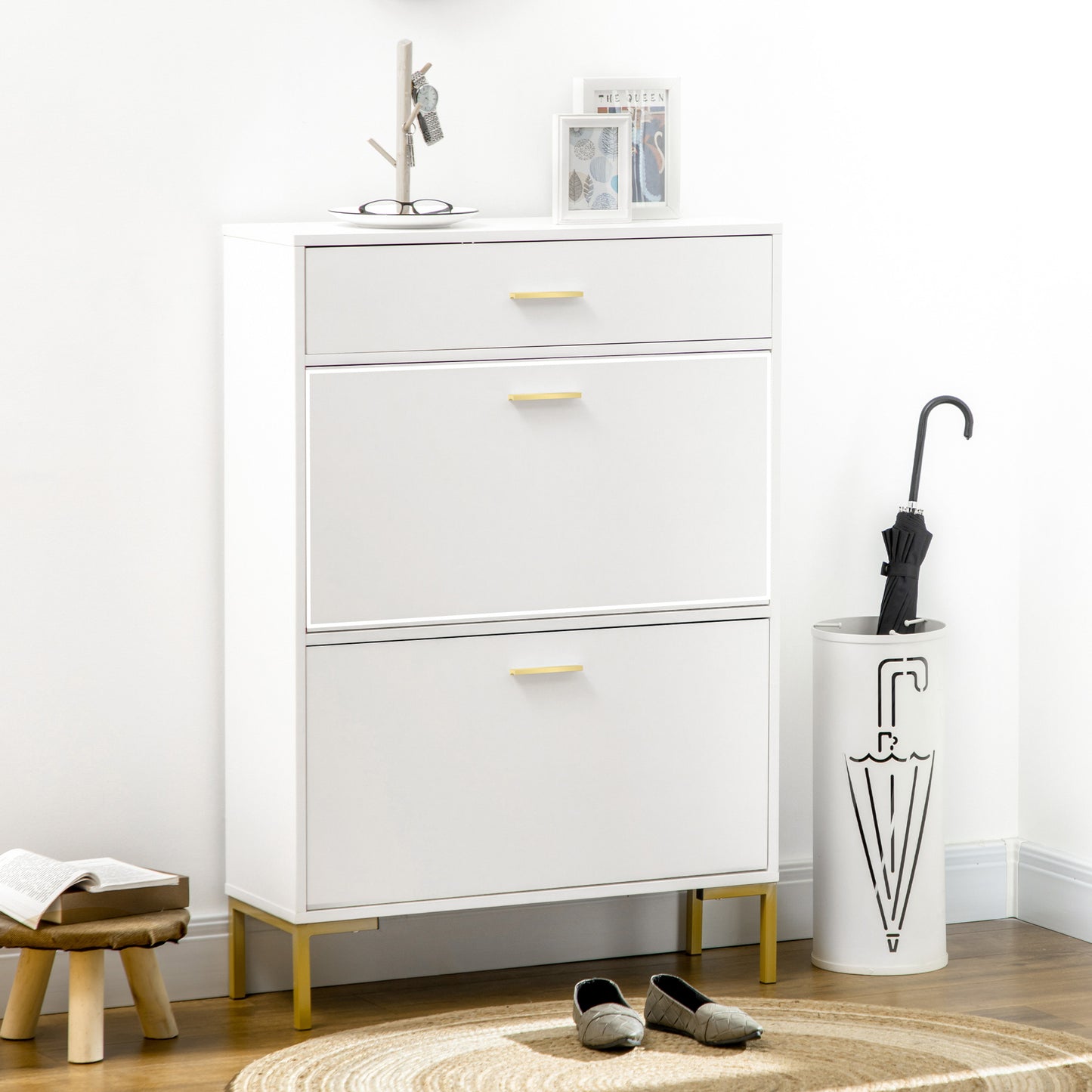 Suto Wooden White Slim Shoe Cabinet With 3 Drawers For 12 Pairs