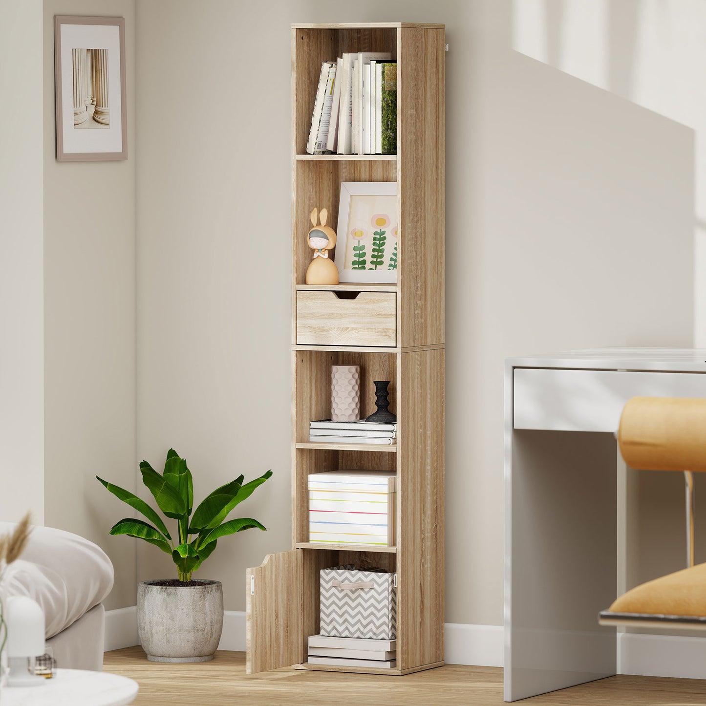 Lamoke Colu Wooden Natural Finish Tall Narrow 6 Tier Bookcase With Drawer And Door