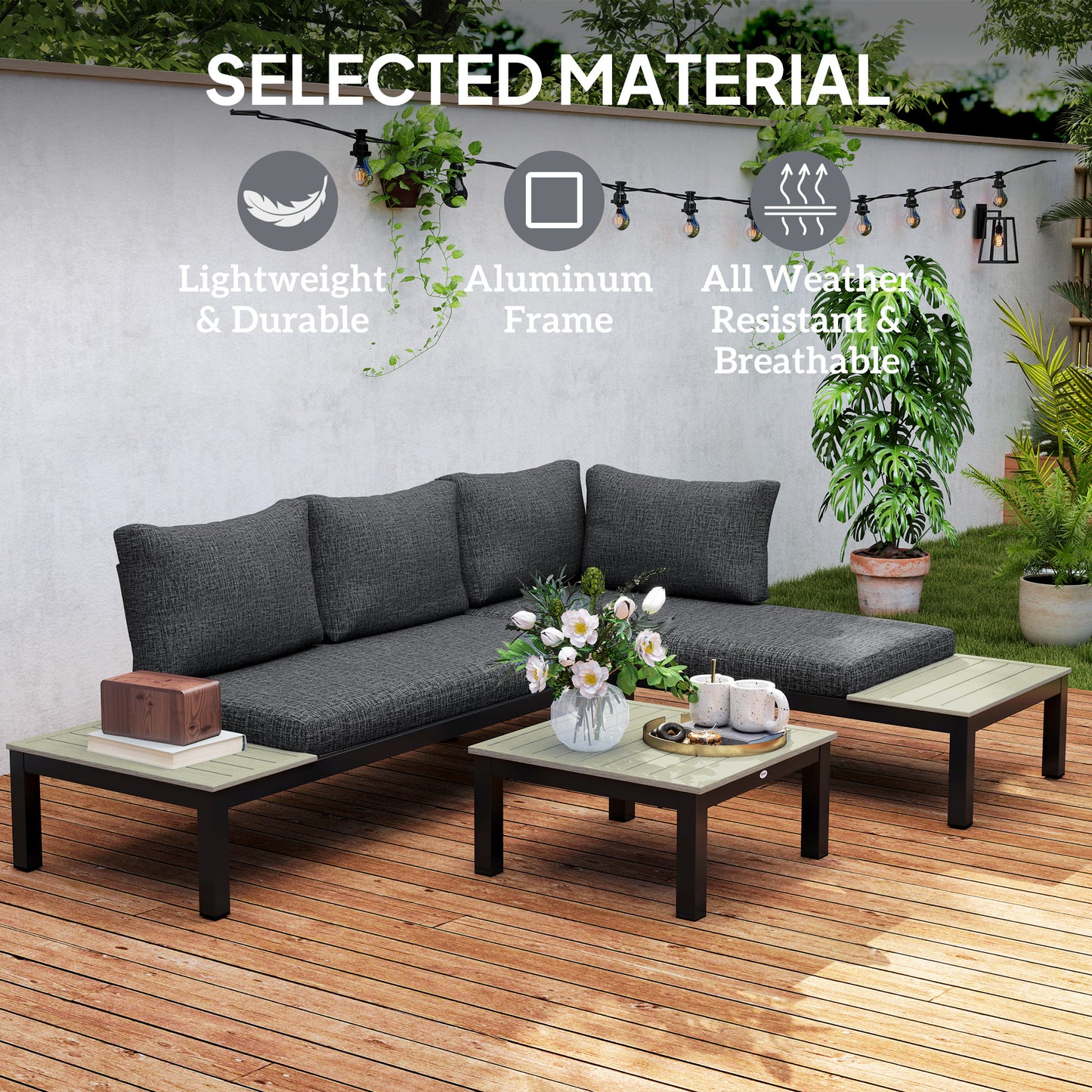 Tozitello Aluminium Dark Grey 3 Piece Corner Garden Sofa Set With Coffee Table And 2 Side Tables