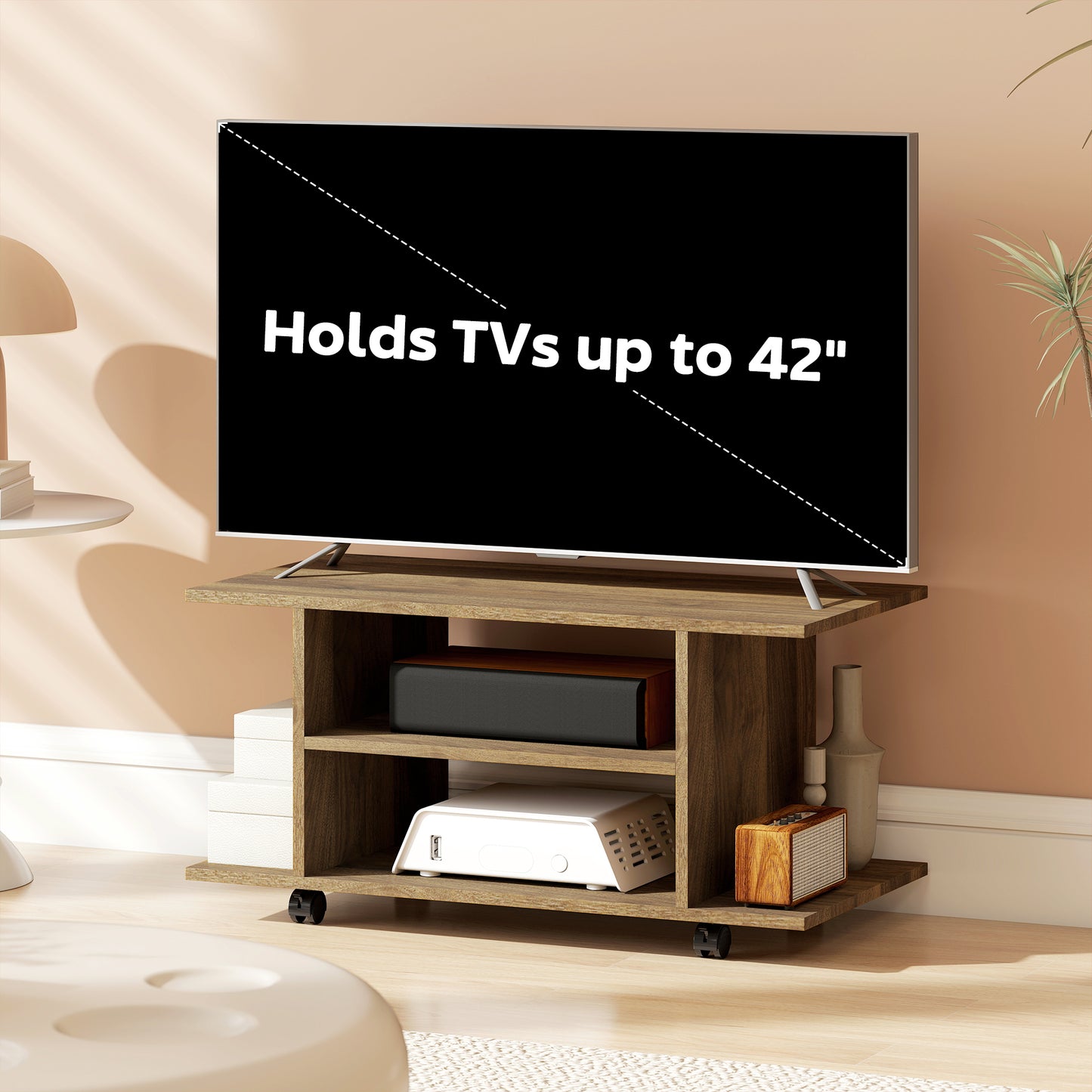 Avavello 80cm Walnut Finish Mobile TV Storage Unit With Shelves And Bookcase Style