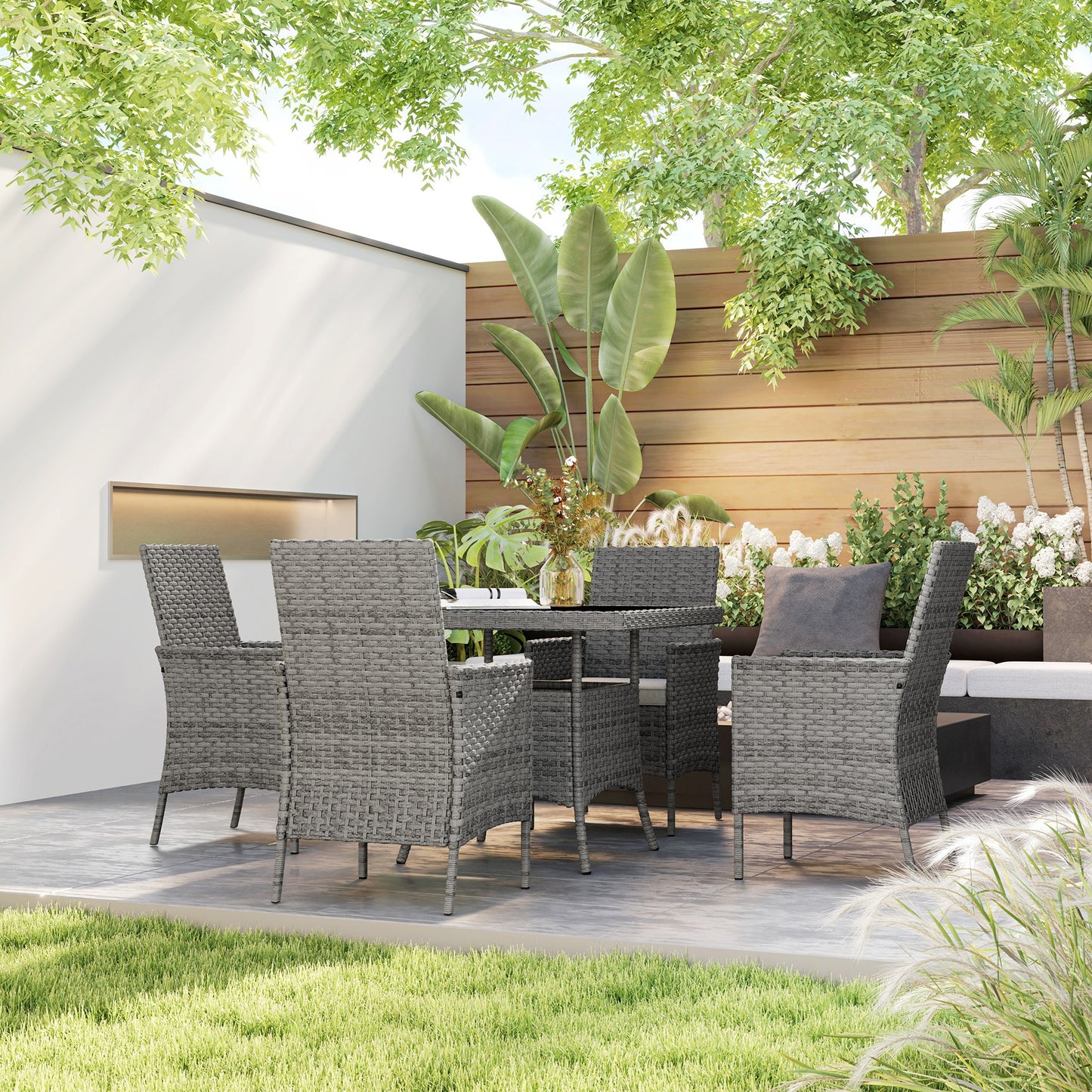 Noha Grey Rattan 4 Seater Outdoor Dining Set with Square Glass Table